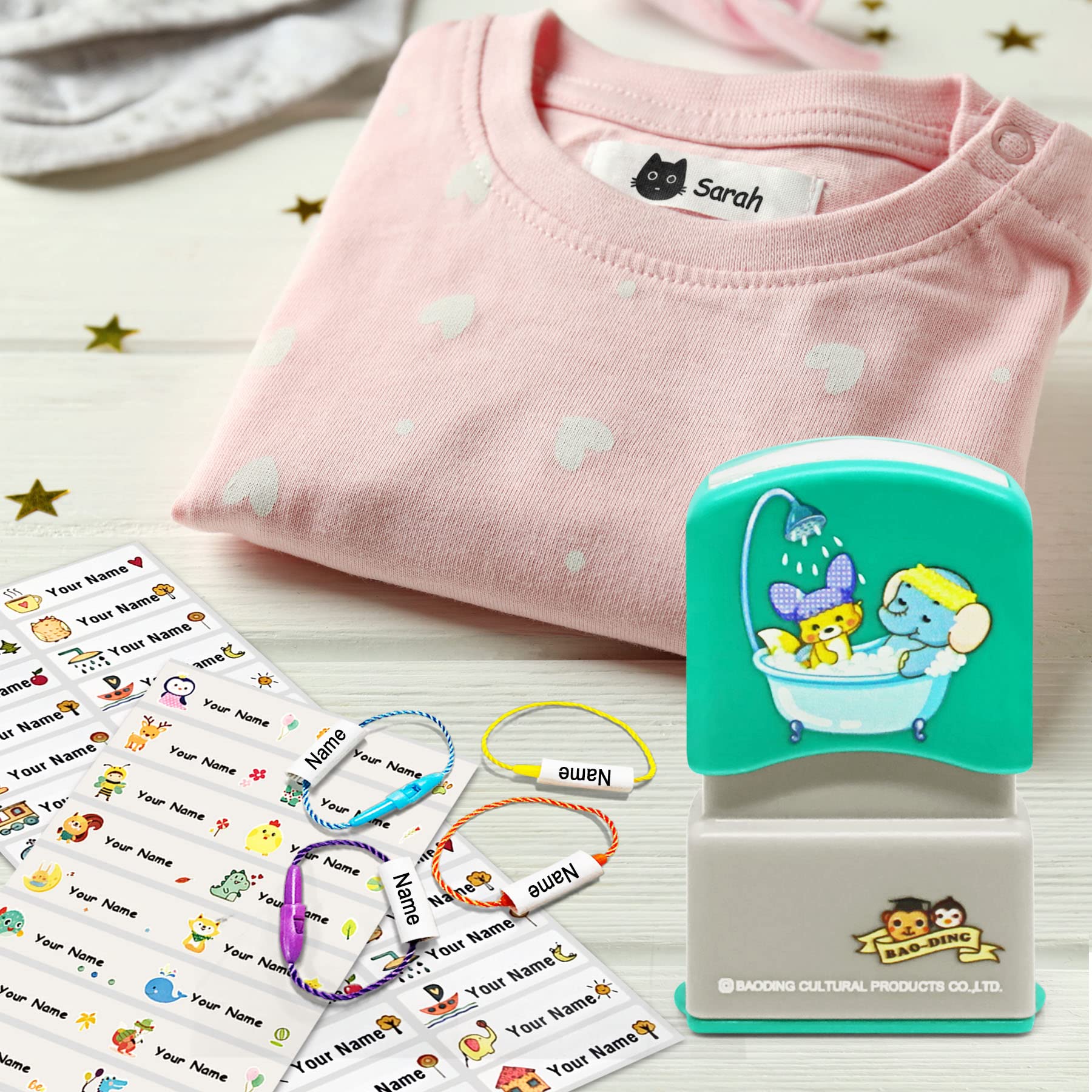 Personalized Kids Name Stamp for Clothing - Custom Washer & Dryer Safe Labels for Preschool, Daycare & Nursing Home - Cartoon Theme Green - Perfect for Organizing School Uniforms, Laundry & Belongings