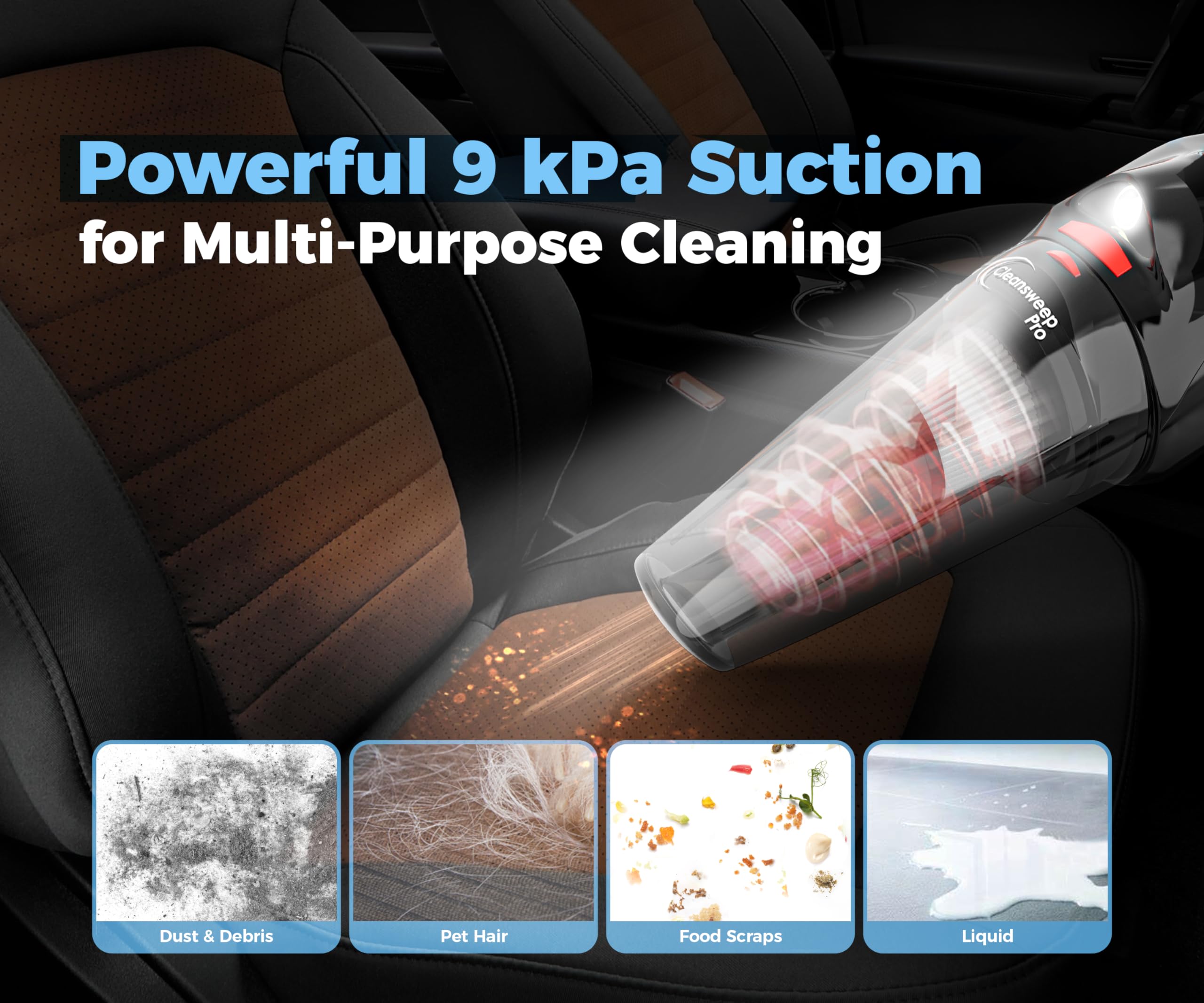 Portable Car Vacuum Cleaner - 9000Pa Powerful Suction, 12V DC Wired Vacuum with 16ft Cord, LED Light & Quiet Operation - Ideal for Car Detailing, Home & Office Cleaning - Perfect Car Accessory for Men & Women