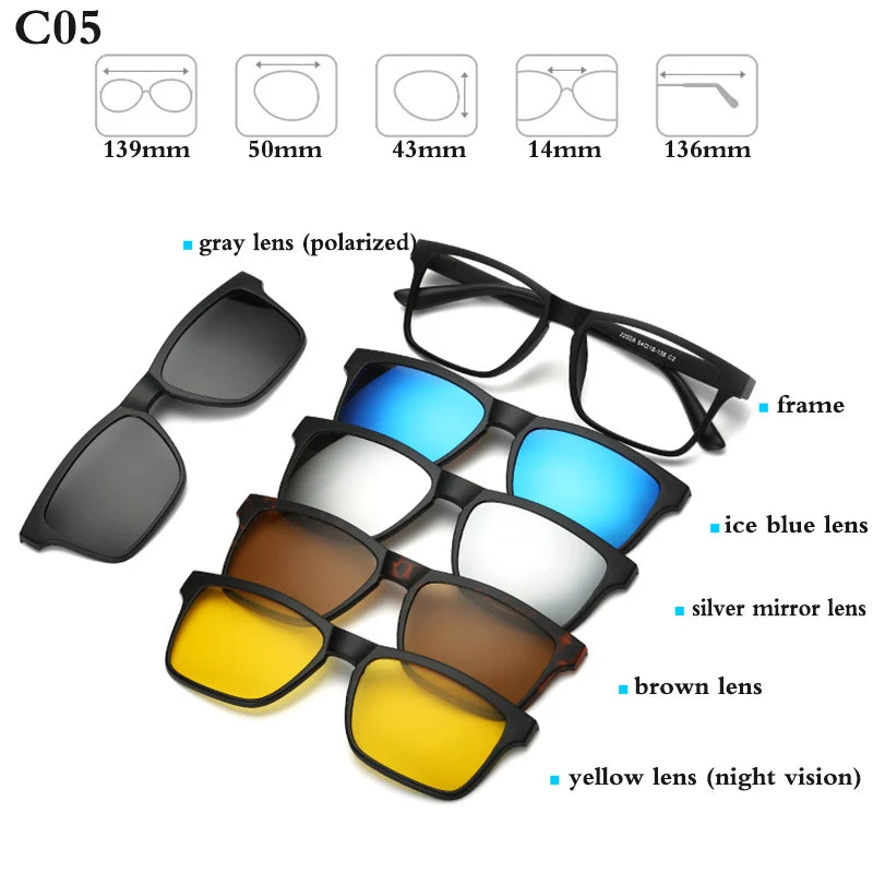 Belmon Unisex Square Eyeglasses with 5 Clip-On Sunglasses - Lightweight Blue Light Blocking Glasses for Men & Women - Perfect for Reading, Driving, and Outdoor Activities (RS159)
