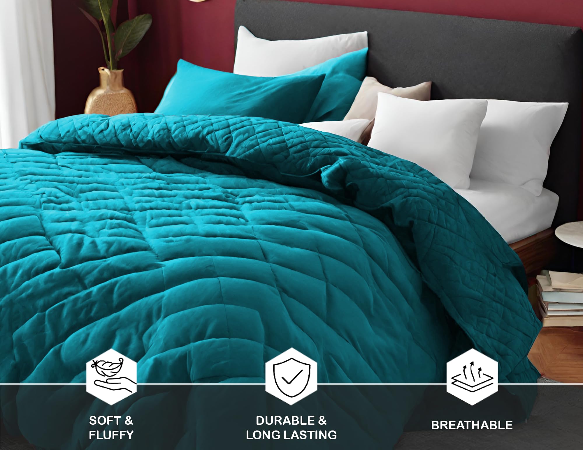 Embossed Lightweight Bed Comforter Set | 3-Piece All Season Reversible Down Alternative Comforter with Pillowcases | Soft Hypoallergenic Bedding Set in Aqua Blue | Perfect for Guest Rooms, Dormitories & Cozy Bedroom Decor