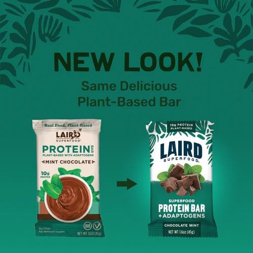 Laird Superfood Functional Protein Bars - 10g Plant-Based Protein, 6g Fiber, Non-GMO, with Real Ingredients & Functional Mushrooms - Mint Chocolate Flavor (10 Count Pack) - Perfect for Post-Workout Recovery, Healthy Snacking & On-the-Go Nutrition