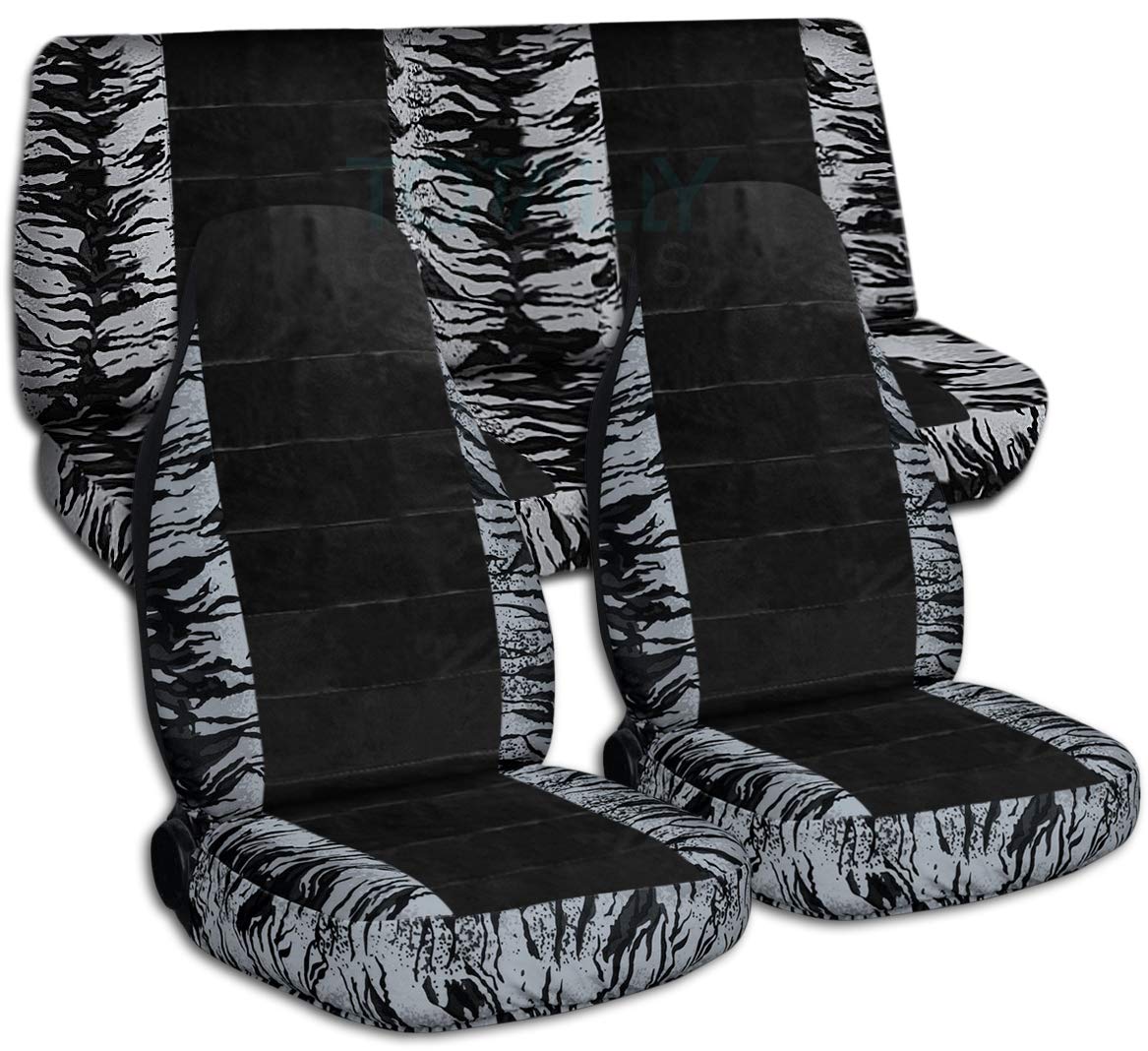 Universal Silver Snow Tiger Animal Print Car Seat Covers - Full Set for Front Buckets & Rear Bench - Airbag/Seat Belt/Armrest Compatible - Durable Protection for Pets & Kids - Perfect for SUVs, Trucks & Family Vehicles