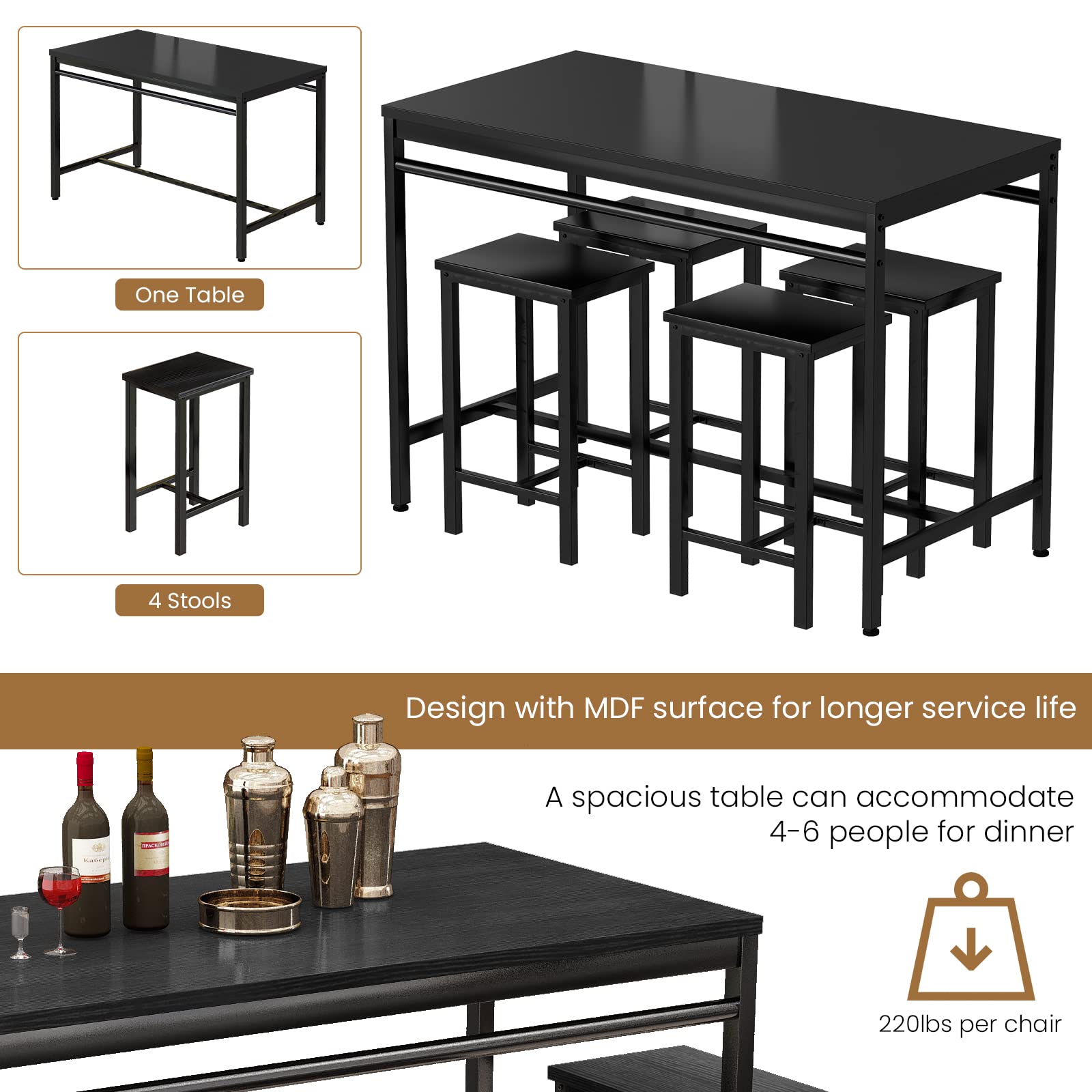 DKLGG 5-Piece Wooden Dining Table Set for 4 - Small Kitchen Table with 4 Stools, Compact Bar Height Dining Room Set for Small Spaces | Perfect for Breakfast Nooks, Studio Apartments & Cozy Kitchens