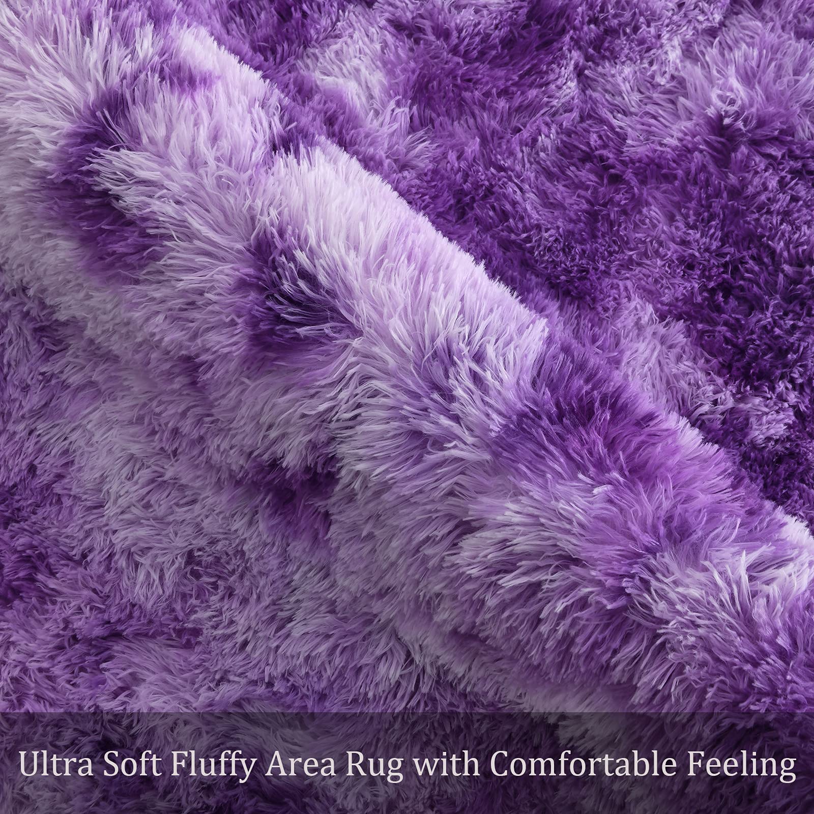 Astorug Fluffy Shaggy Area Rug - Non-Slip Tie-Dyed Purple Fuzzy Carpet for Bedroom, Living Room, Kids Room & Nursery - Soft Rectangle Dorm Rug (6x9 Feet) - Perfect for Cozy Home Decor & Floor Protection