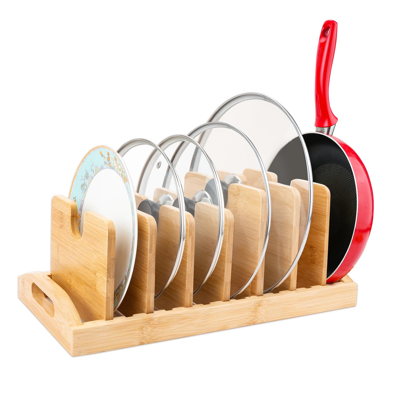 1PC Bamboo Pot Lid Organizer - Wooden Kitchen Cabinet Storage Rack for Pot Lids, Pans, Cutting Boards & Baking Sheets - Perfect for Drawer, Cabinet or Countertop Organization (Dinner Plates Holder Included) - Ideal for Small Kitchen Space Saving & Clutter-Free Cooking