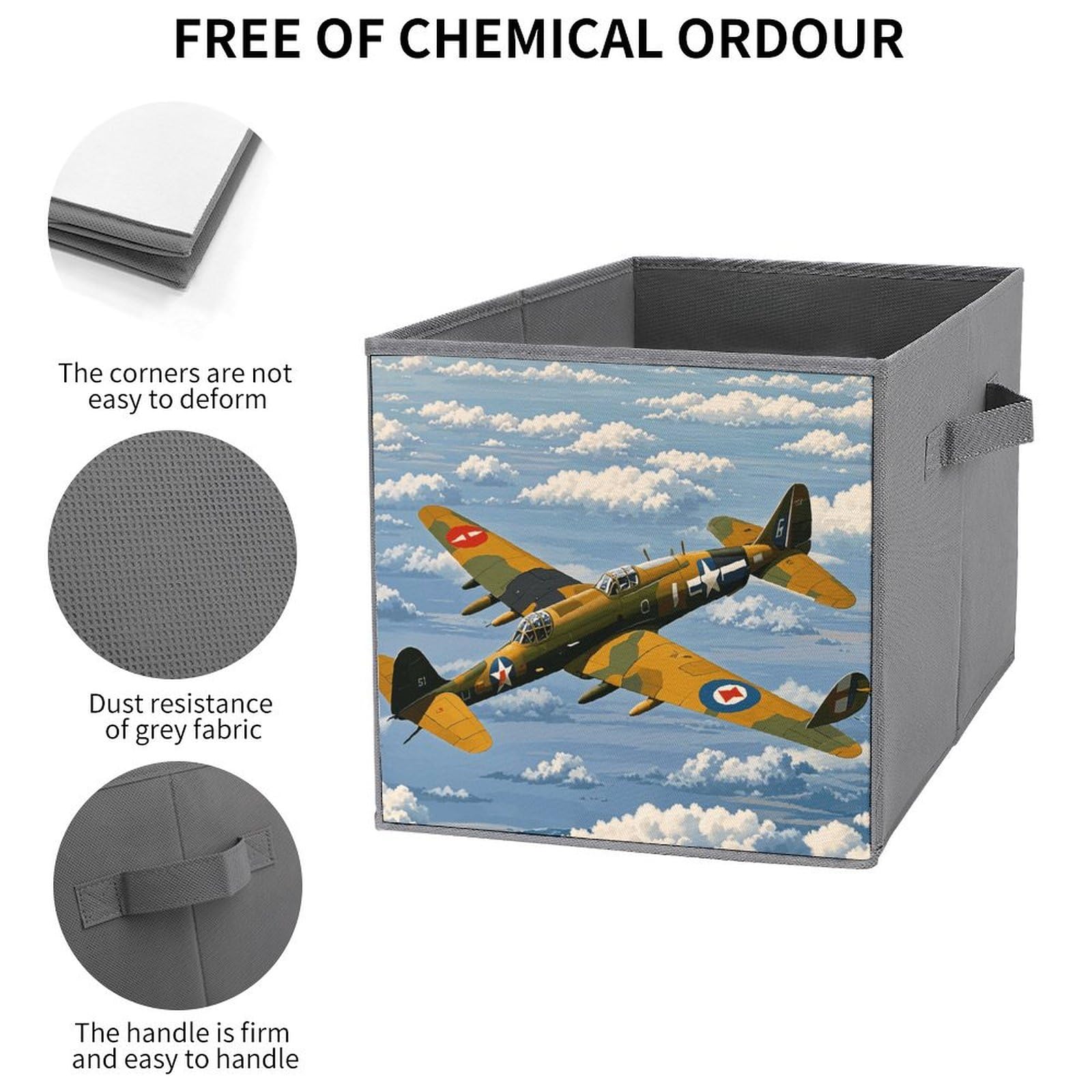 6-Piece Collapsible Storage Bins with Handles - WWII Aircraft Printed Foldable Organizing Boxes for Home, Closet & Shelf Storage | Multi-Purpose Collapsible Baskets for Bedroom, Bathroom & Office Organization