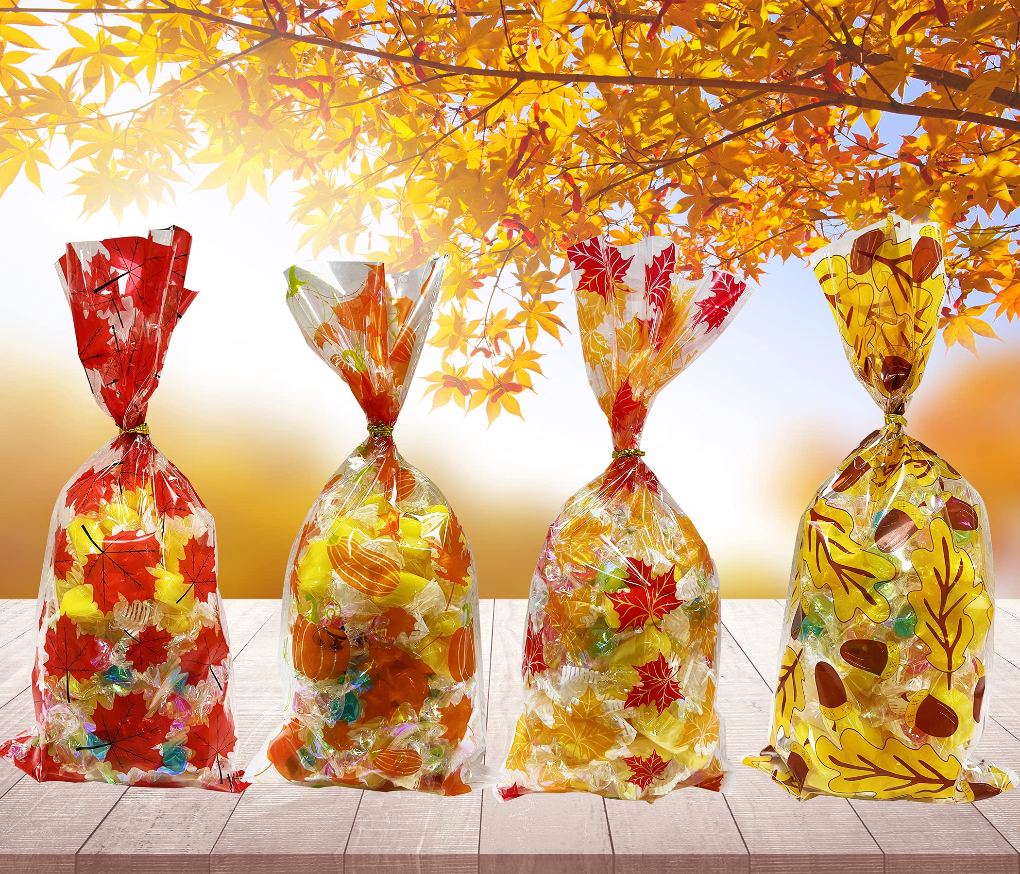 160 Pcs Autumn Cellophane Treat Bags with Gold Twist Ties - Fall Party Favor Bags for Halloween, Thanksgiving, Candy, Snacks & Goodies - Perfect for Seasonal Celebrations, Classroom Treats & Holiday Gift Packaging
