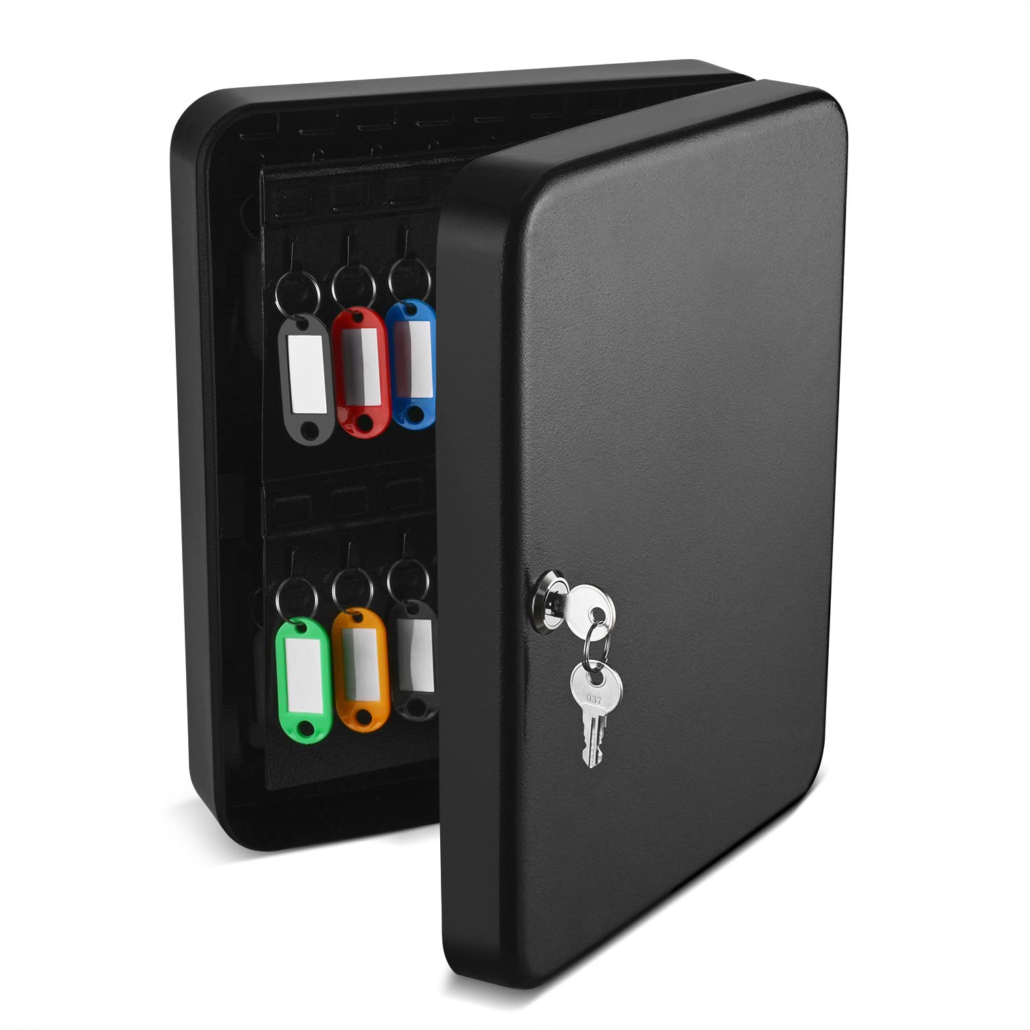 Flexzion Wall Mount Key Cabinet - 60 Key Holder Organizer with Colored Tags & Hooks | Secure Key Storage Solution for Home, Office, Hotel & Business Use | Durable Black Wall-Mounted Lock Box