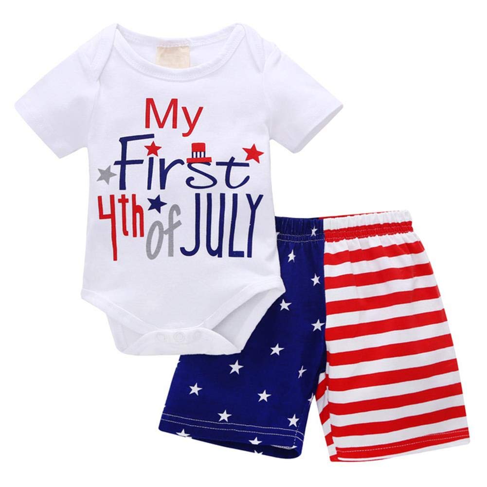 4th of July Baby Boy Outfit Set - 2PC Patriotic American Flag Romper & Shorts - Newborn Independence Day Clothes - Perfect for Family BBQ, Fireworks & Holiday Photos