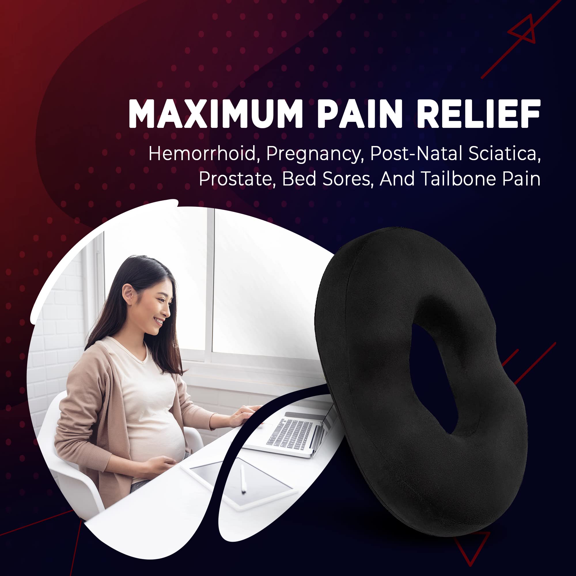 Orthopedic Donut Pillow Seat Cushion for Tailbone & Coccyx Pain Relief - Memory Foam Hemorrhoid & Sciatica Support - Ideal for Pregnancy, Postpartum, Surgery Recovery - Black (Perfect for Office Chairs, Car Seats & Wheelchairs)