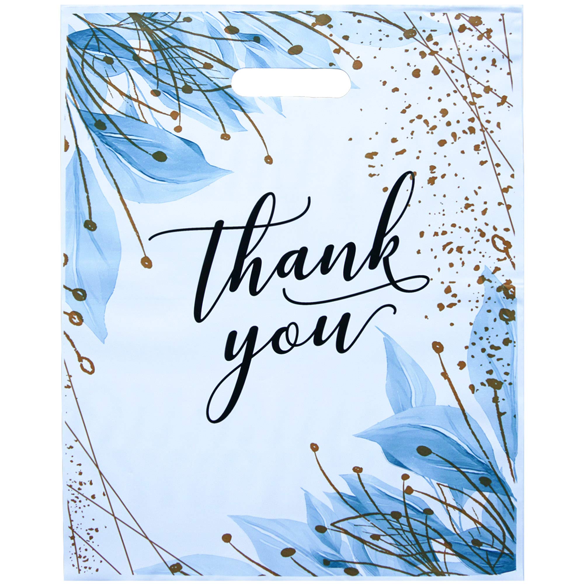 25 Pack Premium Blue Floral 12x15 Inch Thank You Bags for Small Business - Thick Plastic Shopping Bags with Durable Handles - Perfect for Retail Gifts, Wedding Favors & Party Giveaways