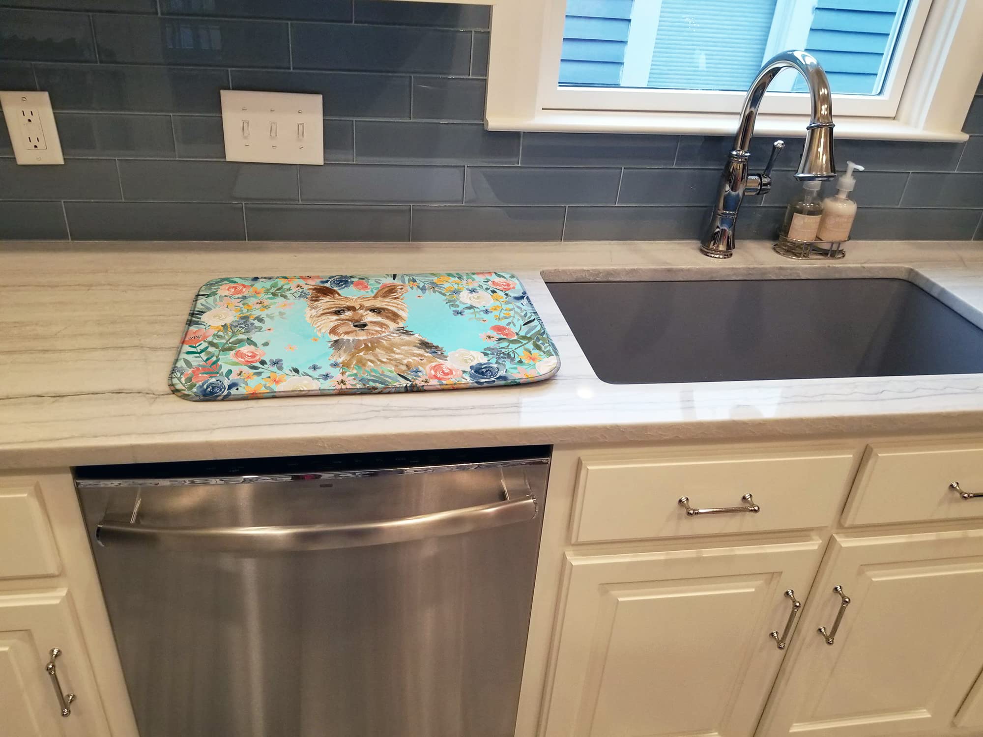 Yorkie Dog Themed Absorbent Dish Drying Mat - 14x21 Inch Multicolor Kitchen Counter Pad | Perfect for Countertop Protection & Utensil Drying After Washing