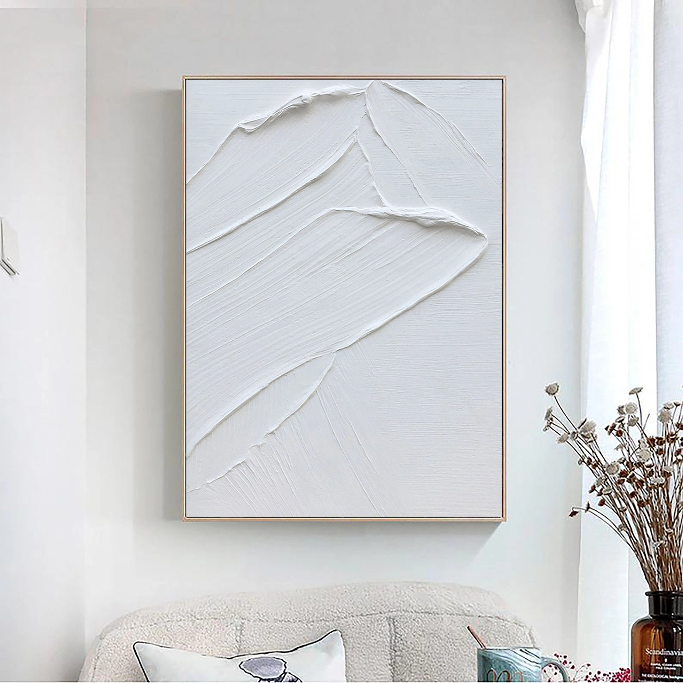 White Minimalist Textured Painting Canvas Wall Art - Modern Abstract Vertical Decor for Living Room, Bedroom & Office | #MM002