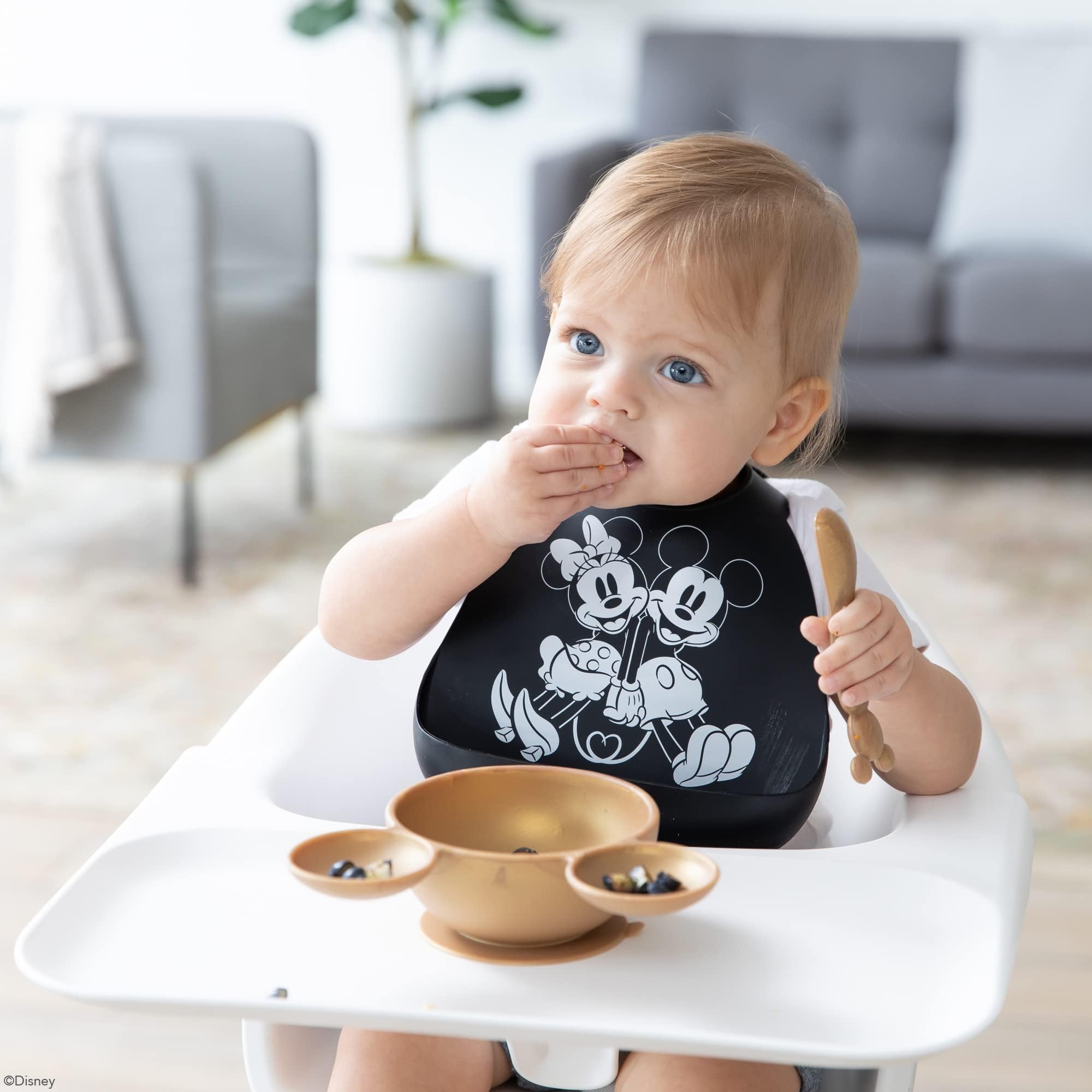 Bumkins Silicone Baby Bib with Pocket for Toddlers 6-24 Months - Reusable, Waterproof Feeding Bib for Girls & Boys - Perfect for Baby-Led Weaning, Mess-Free Mealtime & Travel - Mickey & Minnie Mouse Design