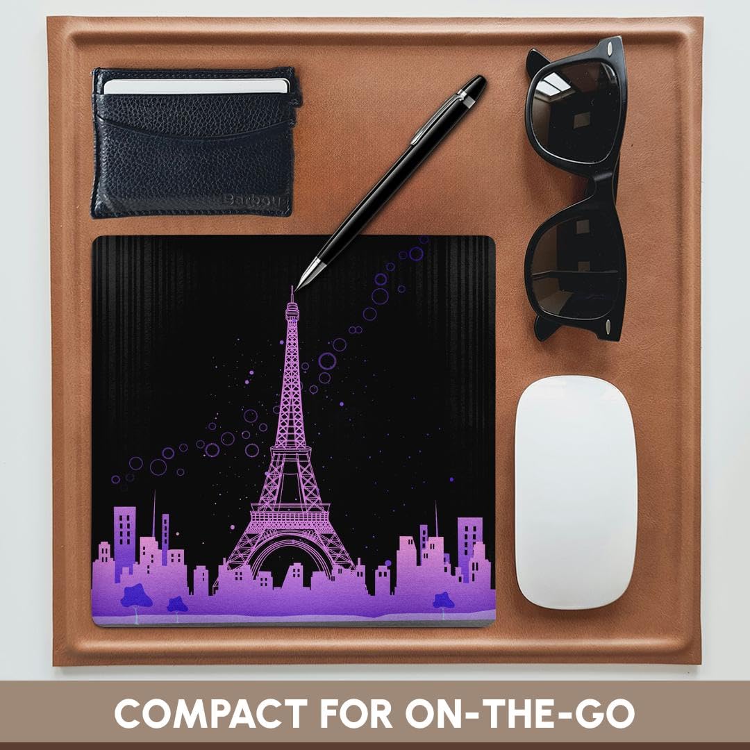 3D Rose 8x8 Inch Mouse Pad - Pink Eiffel Tower with City Skyline & Bubbles Design | Non-Slip Rubber Base | Perfect for Office, Gaming & Home Computer Use