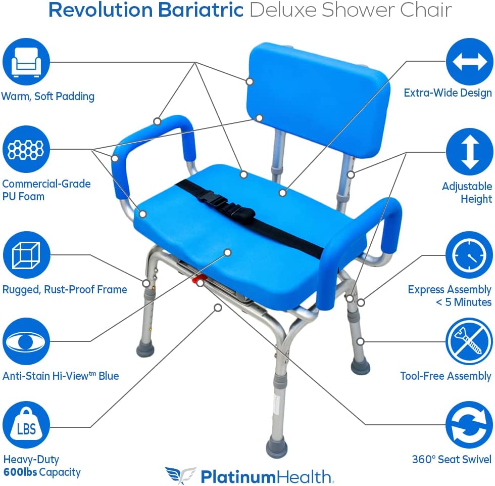 Bariatric Revolution Pivoting Swivel Shower Chair - 600lb Weight Capacity for Disabled & Elderly - Heavy Duty Bath Seat for Safe Showering & Mobility Assistance