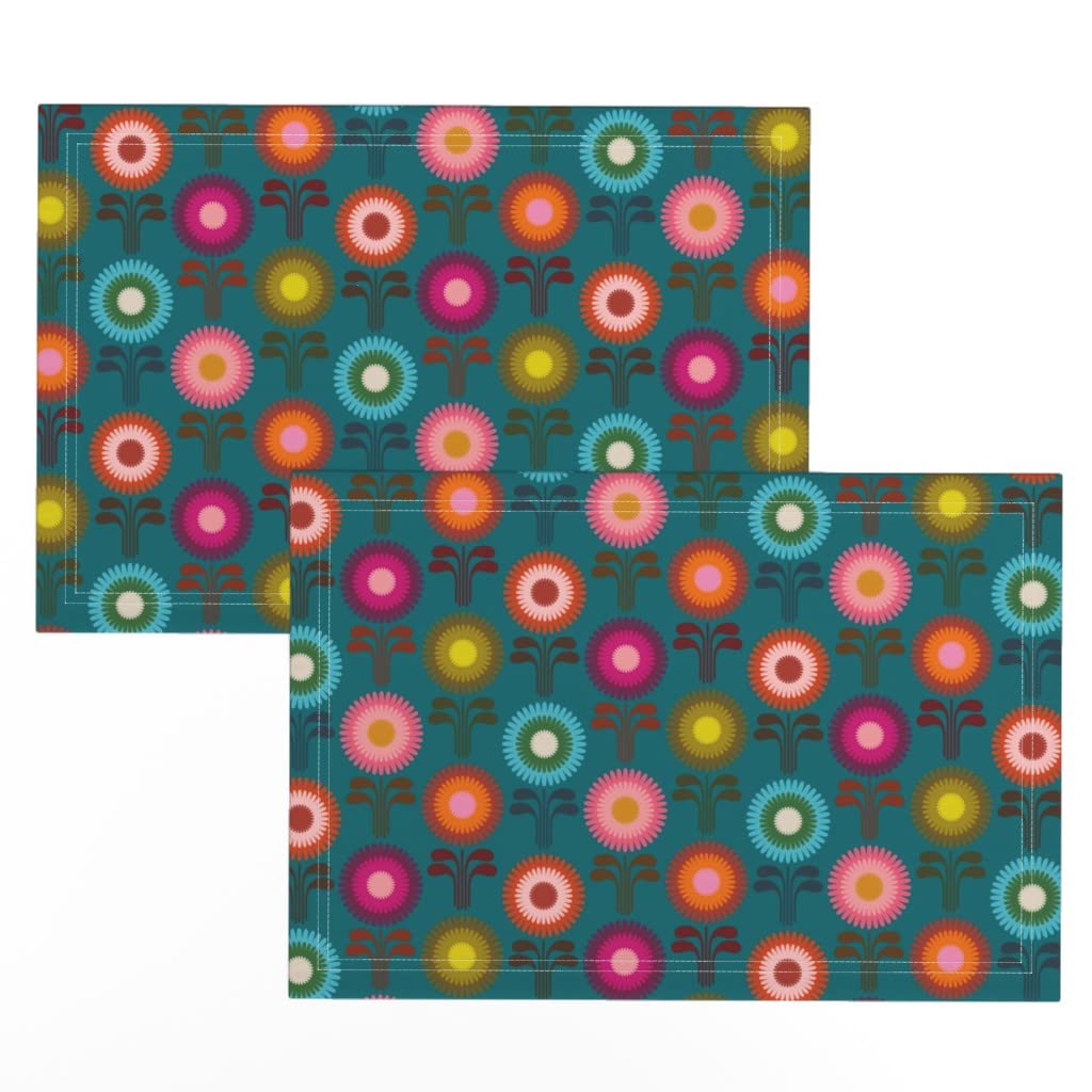 Spoonflower Linen Cotton Canvas Placemats Set of 2 - Retro Floral Electric Jewel Print Washable Table Mats for Dining, Kitchen, Party & Home Decor