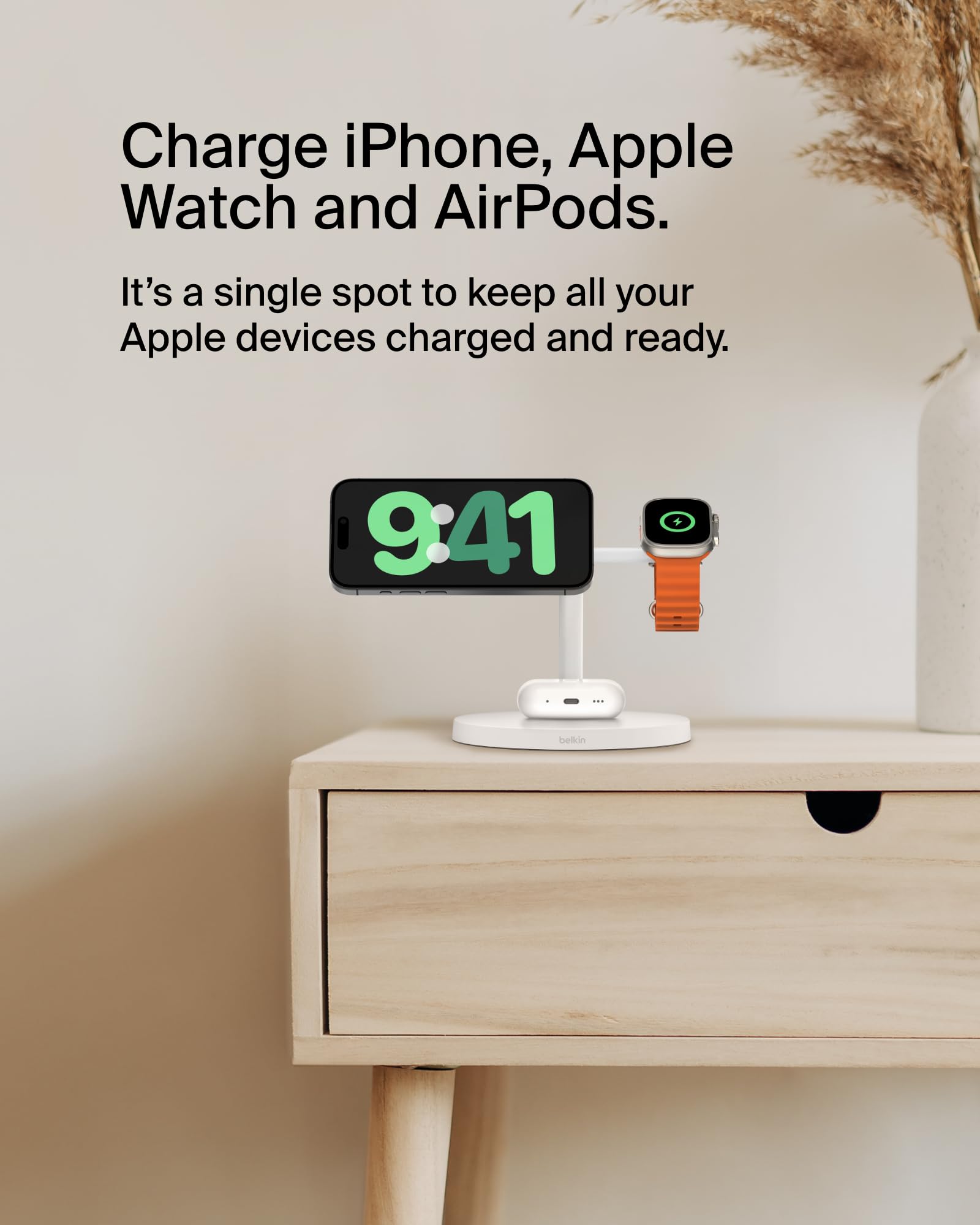 Belkin 3-in-1 MagSafe-Compatible Wireless Charging Station - Qi2-Certified 15W Fast Charger for iPhone 16 Series, Apple Watch & AirPods with Non-Slip Base - Includes 40W Power Adapter (White) | Perfect for Bedside, Office Desk & Travel Charging