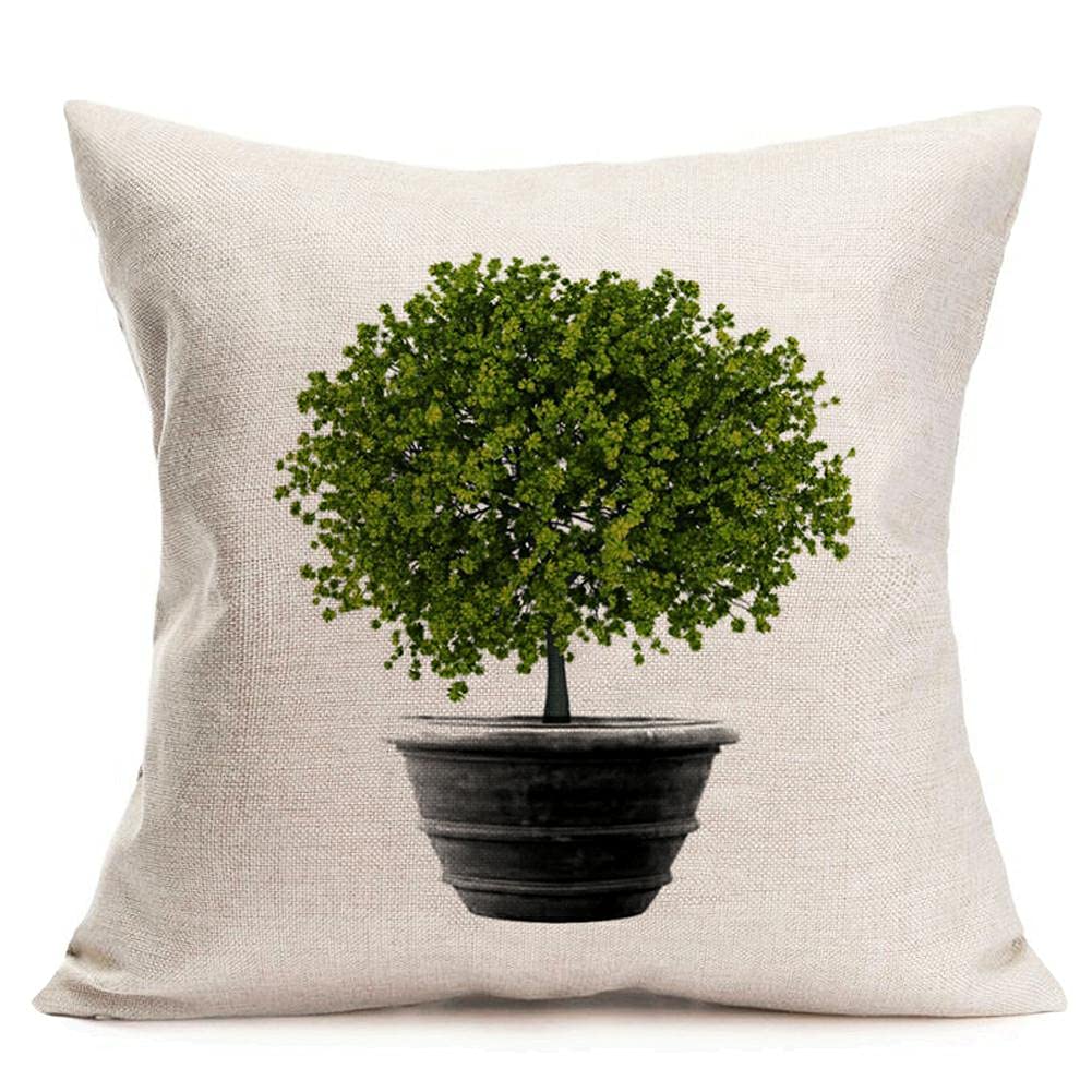 Xihomeli 18x18 Inch Cotton Linen Throw Pillow Covers - Hand-Painted Black Pot with Green Tree Design, Farmhouse Decor for Spring Summer, Living Room, Bedroom, and Outdoor Use (Black Pot 01)