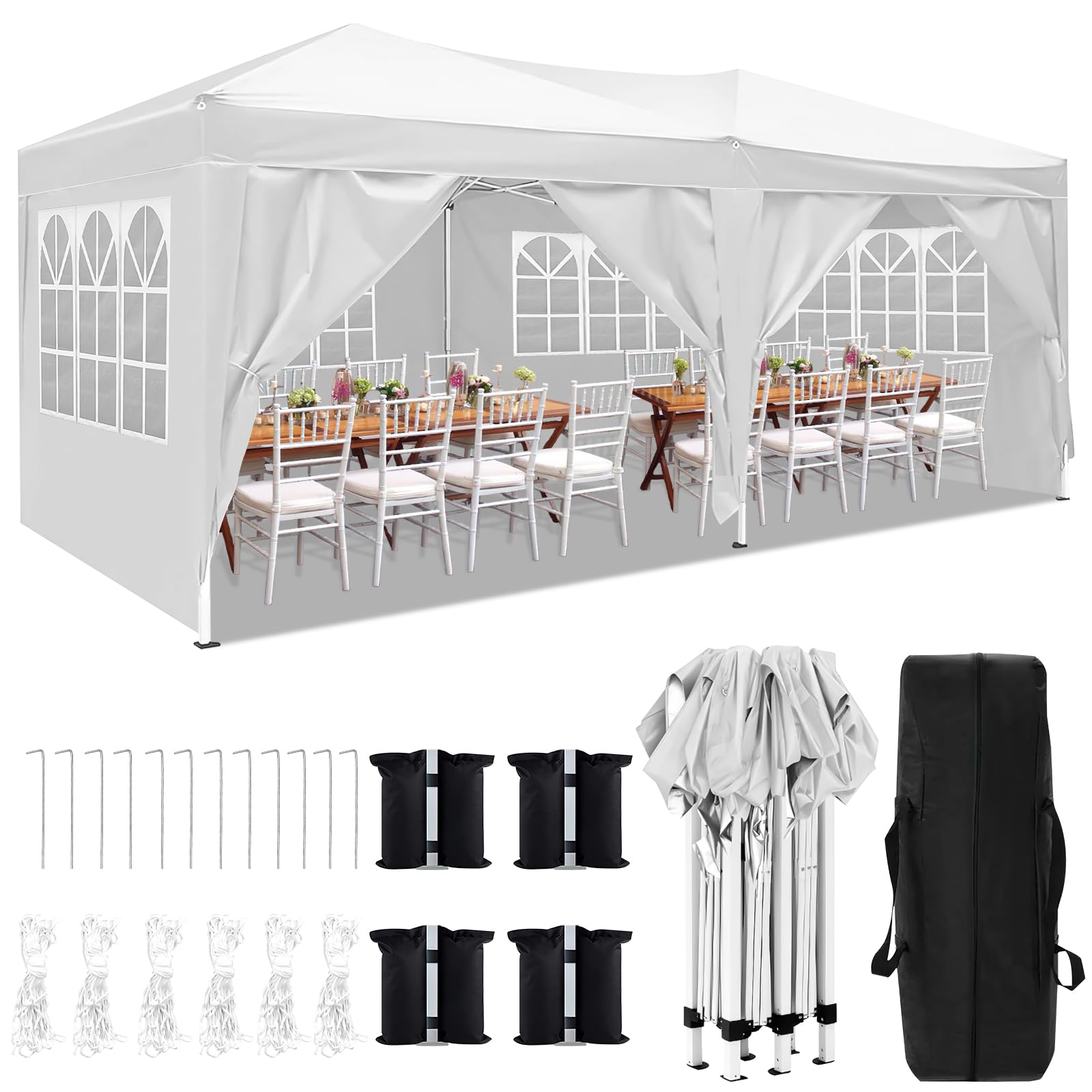 Rovibek 10x20 Pop Up Canopy Tent - Water Resistant Instant Shelter with Sandbags & Storage Bag for Outdoor Parties, Camping, Beach, BBQ, and Backyard Events - White