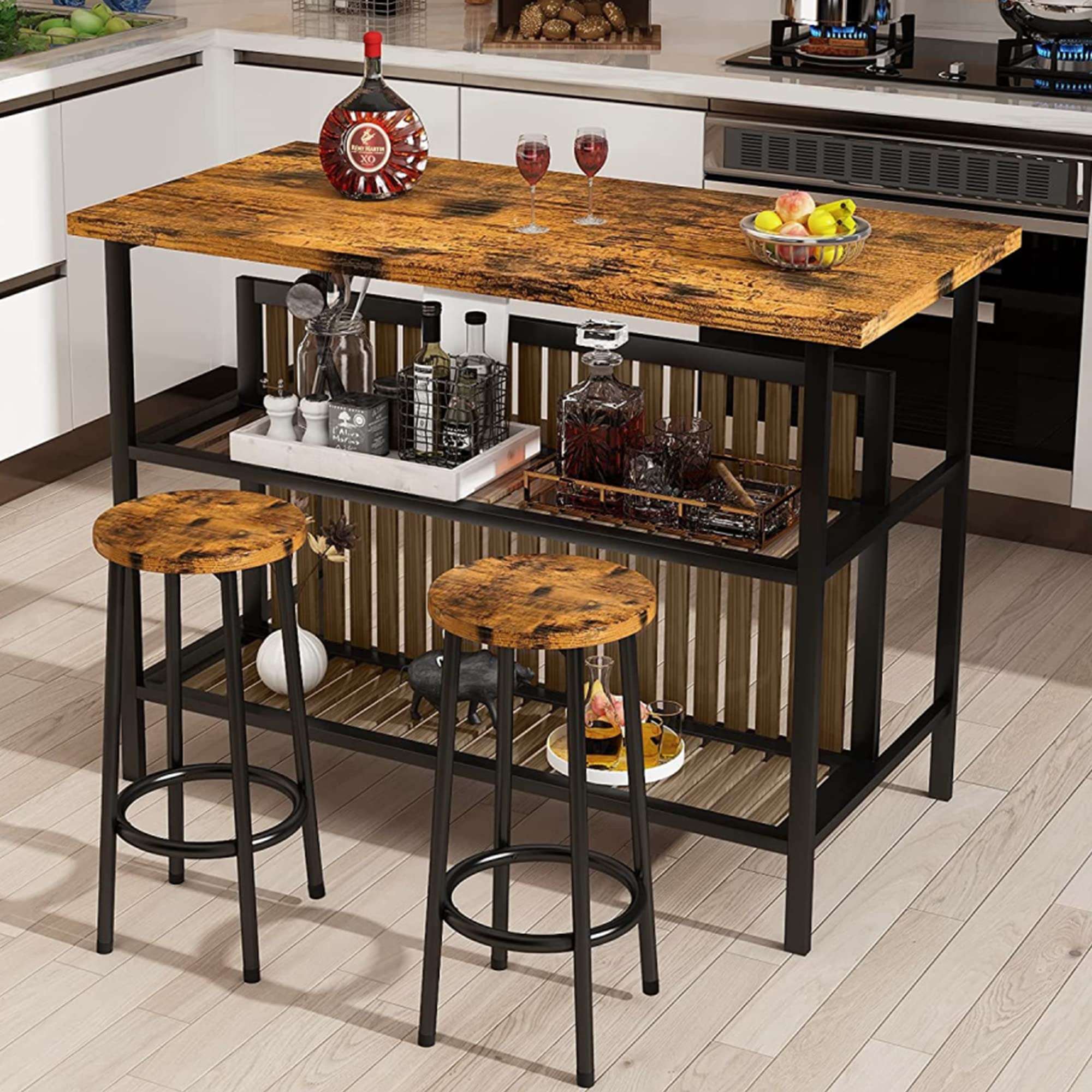 Modern Walnut Kitchen Island with Seating & Storage Shelf - Wooden Bar Table and Chairs Set for 2, Space-Saving Dining Table for Small Kitchens - Perfect for Breakfast Nooks, Entertaining Guests & Compact Living Spaces