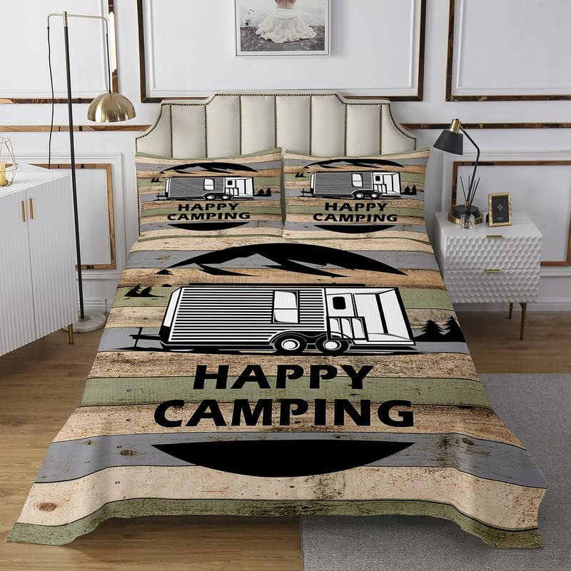 Happy Camping Quilted Coverlet Set for Kids - Twin Size, Green Grey Wood Grain - Perfect for RV & Farmhouse Bedrooms