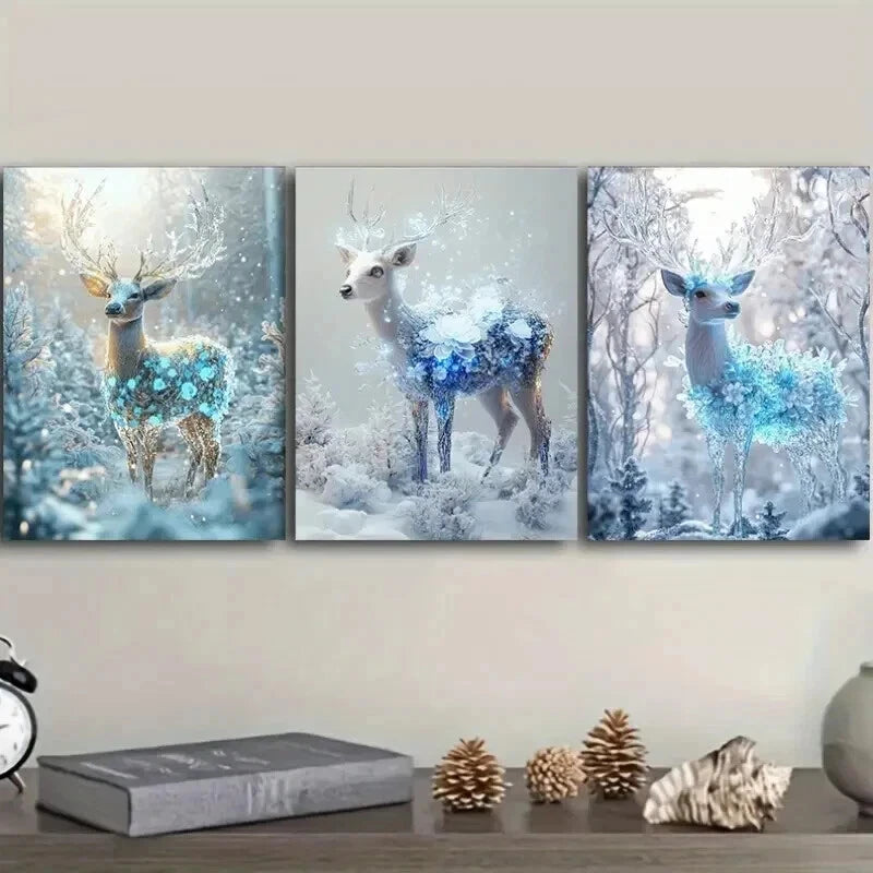 3pcs Deer with Snowflakes Wall Art Set - Ice Blue & Golden Framed Canvas Prints 50x70cm - High Quality Australian Made Ready to Hang - Perfect for Living Room, Bedroom & Office Decor