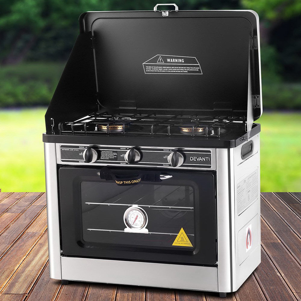 Devanti Portable Gas Oven with LPG - Compact & Lightweight Silver Camping Stove for Outdoor Cooking, Picnics, and RV Trips