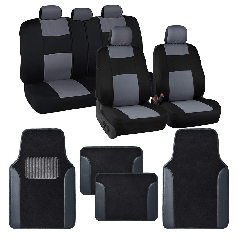 BDK PolyPro Black/Gray Car Seat Covers Full Set with Matching Floor Mats - Universal Fit for Cars, Trucks & SUVs - Includes Split Bench Rear Seat Cover - Durable Interior Car Accessories for Protection & Style - Perfect for Daily Commute, Road Trips & Family Travel