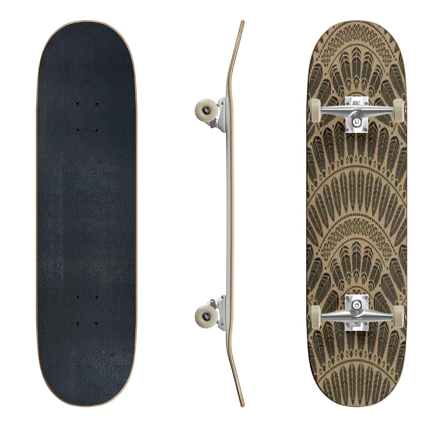 Stylish Peacock Feather Monochrome Skateboard - Elegant Classic Concave Design for Beginners & Professionals | Perfect Teen Gift for Extreme Sports & Urban Commuting