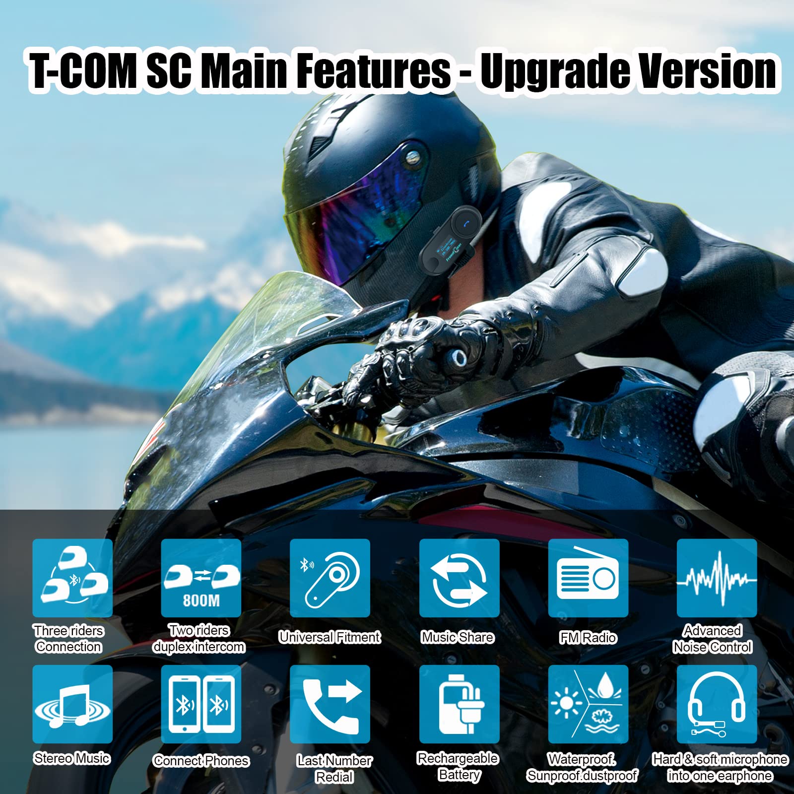 FreedConn T-COM SC 5.0 Motorcycle Bluetooth Headset - Wireless Helmet Intercom for 2 Riders, 800M Range, Music Sharing, LCD Screen, Motorbike Accessories (Twin Pack) - Perfect for Group Riding, Touring & Communication on the Road