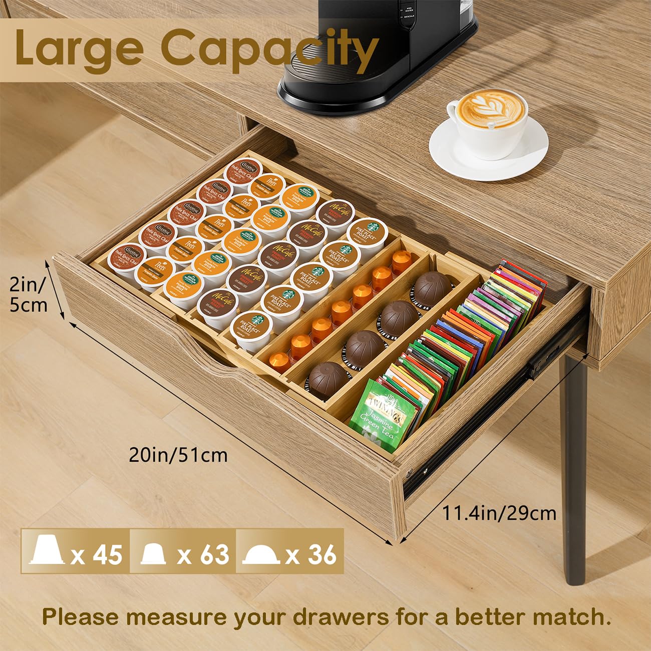 Bamboo Coffee Pod Holder Drawer Organizer - Compatible with Nespresso Vertuo & 25-45 K-Cups | Space-Saving Storage for Coffee Station, Home Office & Kitchen Counter | Perfect for Single-Serve Coffee Lovers & Capsule Organization