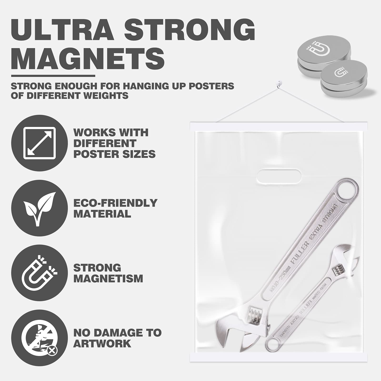 Ywlake Magnetic Poster Hanger Kit - 24 Inch Wooden Frame for 24x36, 24x18, 24x32 Posters - Easy Wall Mounting for Maps, Canvas Art & Prints (White) - Perfect for Home, Office & Classroom Decor