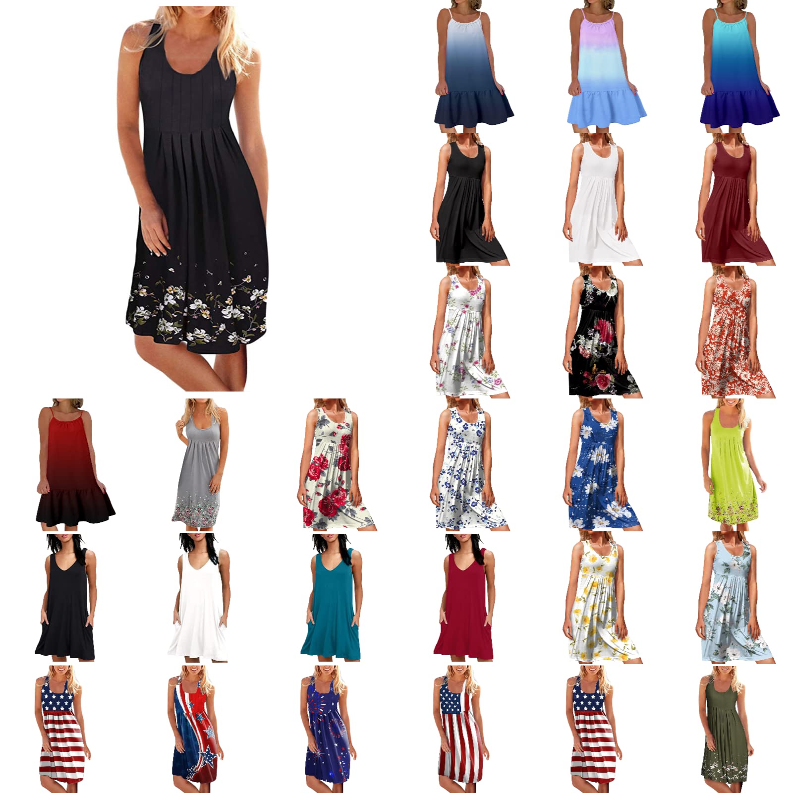 2023 Plus Size Easter Dresses for Women - Casual Loose Floral Printed Tank Dress with Pleated Sleeveless Design, Solid O-Collar Sun Dress (Medium, Black) - Perfect for Summer Parties, Church Events & Outdoor Gatherings