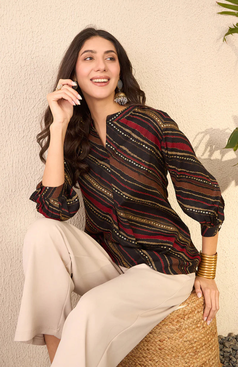 Stylish Black Cotton Blend Leheriya Printed Tunic Top for Women | Comfortable & Fashionable Casual Wear | Perfect for Office, Party & Daily Outfits