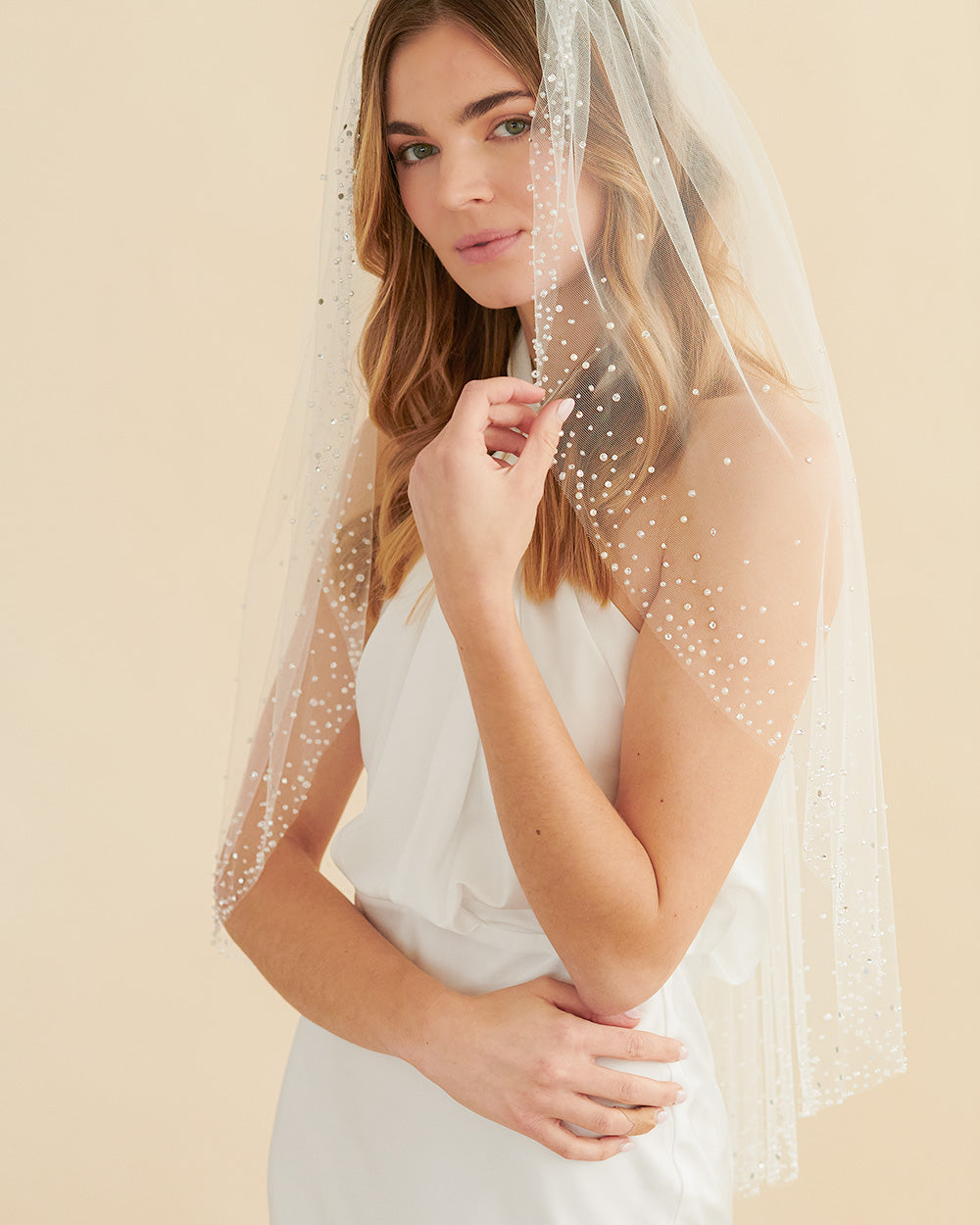 Amara Pearl & Crystal Wedding Veil - Elegant Bridal Accessory for Ceremony, Photos & Reception | Handmade Beaded Cathedral Length Veil
