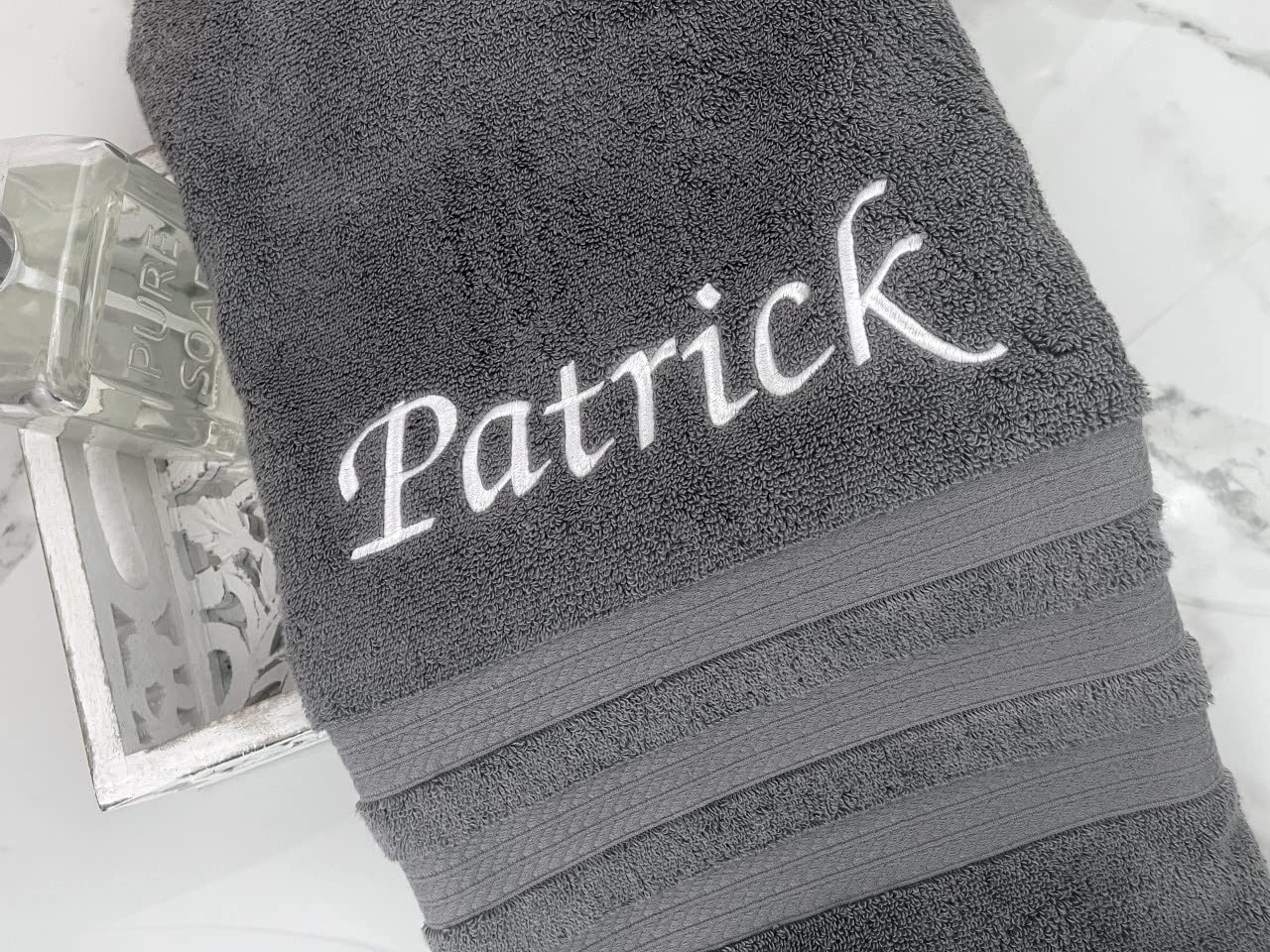 Premium Embroidered Bath & Hand Towel Set - 100% Cotton Luxury Personalized Monogrammed Towels (1 Bath + 1 Hand Towel) - Soft Absorbent Grey Bathroom Towels for Spa, Guest Bath & Luxury Home Decor