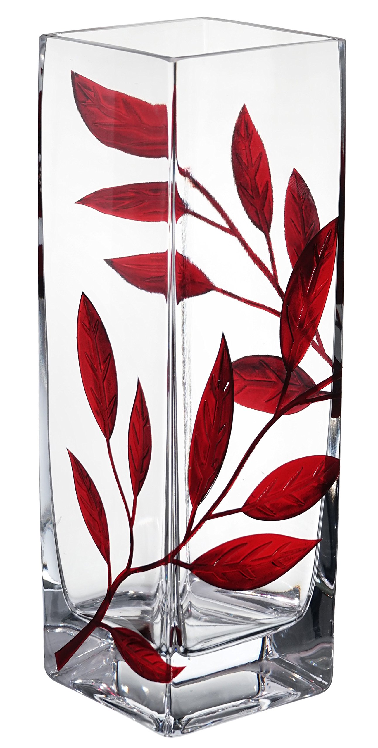Luxury Hand Blown Glass Vase with Sandblasted Red Leaf Design - 9.7 Inch Clear Square Vase in Golden Gift Box - Elegant Home Decor for Living Room, Wedding Centerpiece, Housewarming Gift