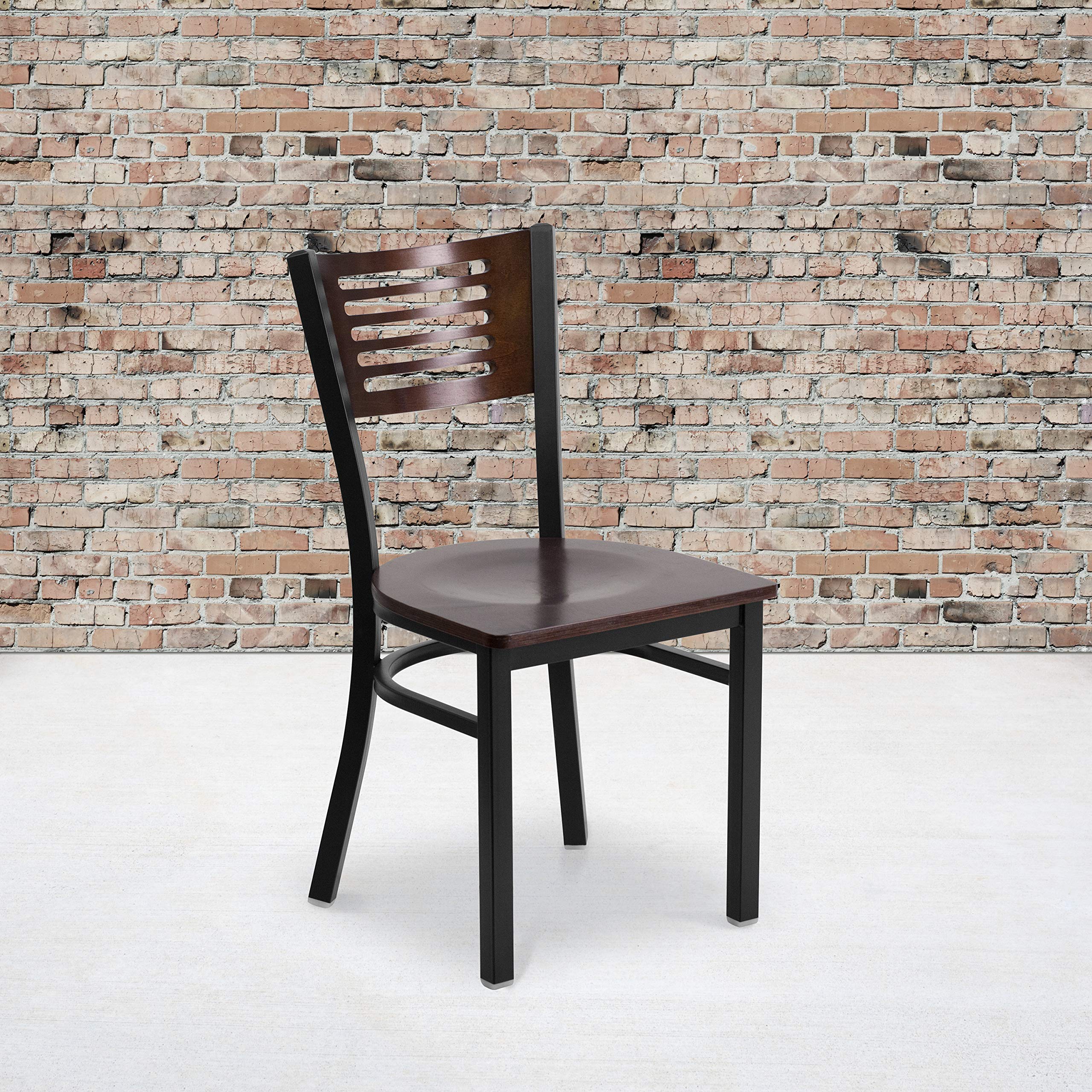 Flash Furniture HERCULES Series 2-Pack Black Metal Restaurant Chairs with Walnut Wood Back & Seat - Durable Commercial Dining Chairs for Restaurants, Cafes, and Outdoor Patios