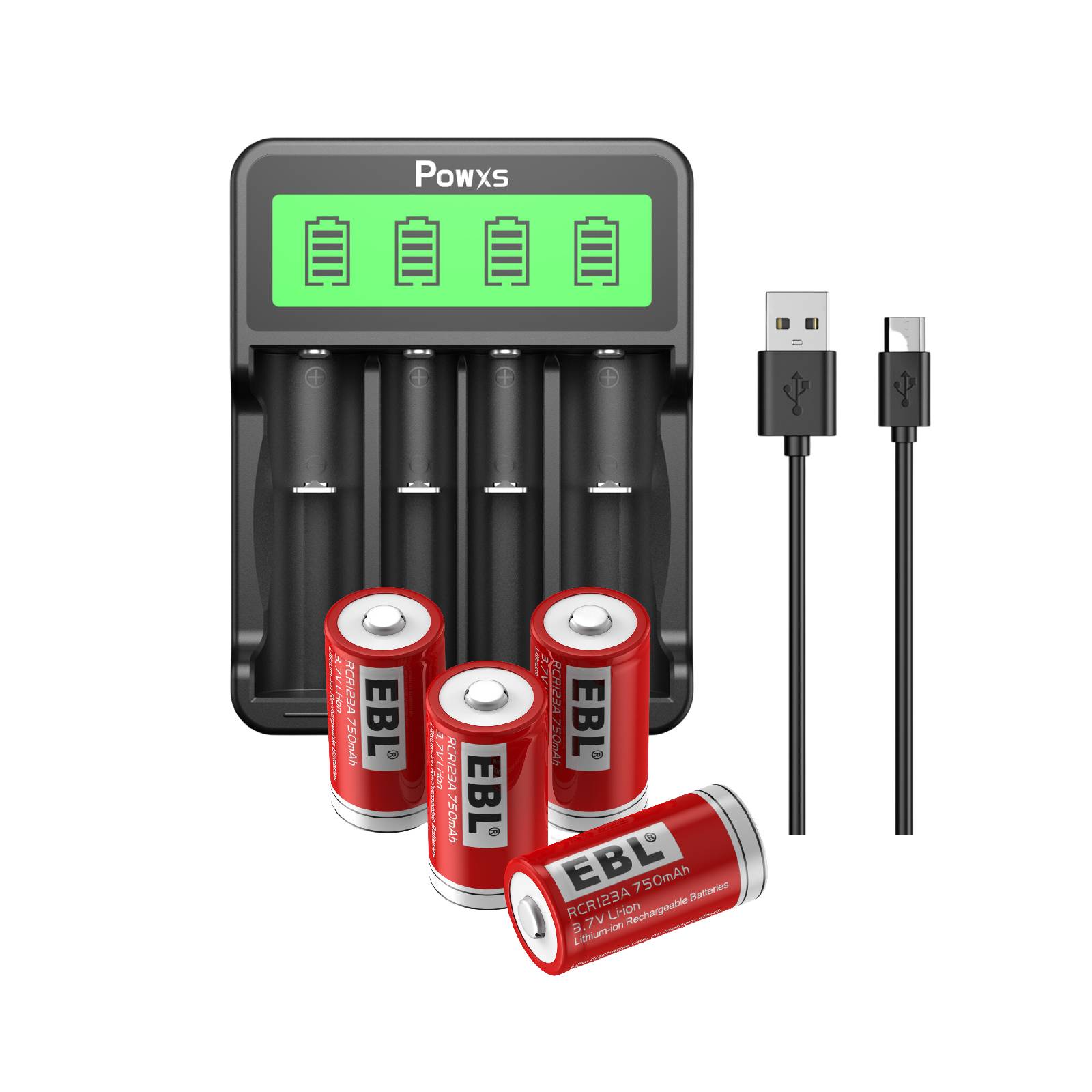 POWXS SW 4P Smart Battery Charger with 4 RCR123A 16340 Li-ion Rechargeable Batteries - Fast Charging for Flashlights, Cameras & Electronics (Home & Outdoor Use)