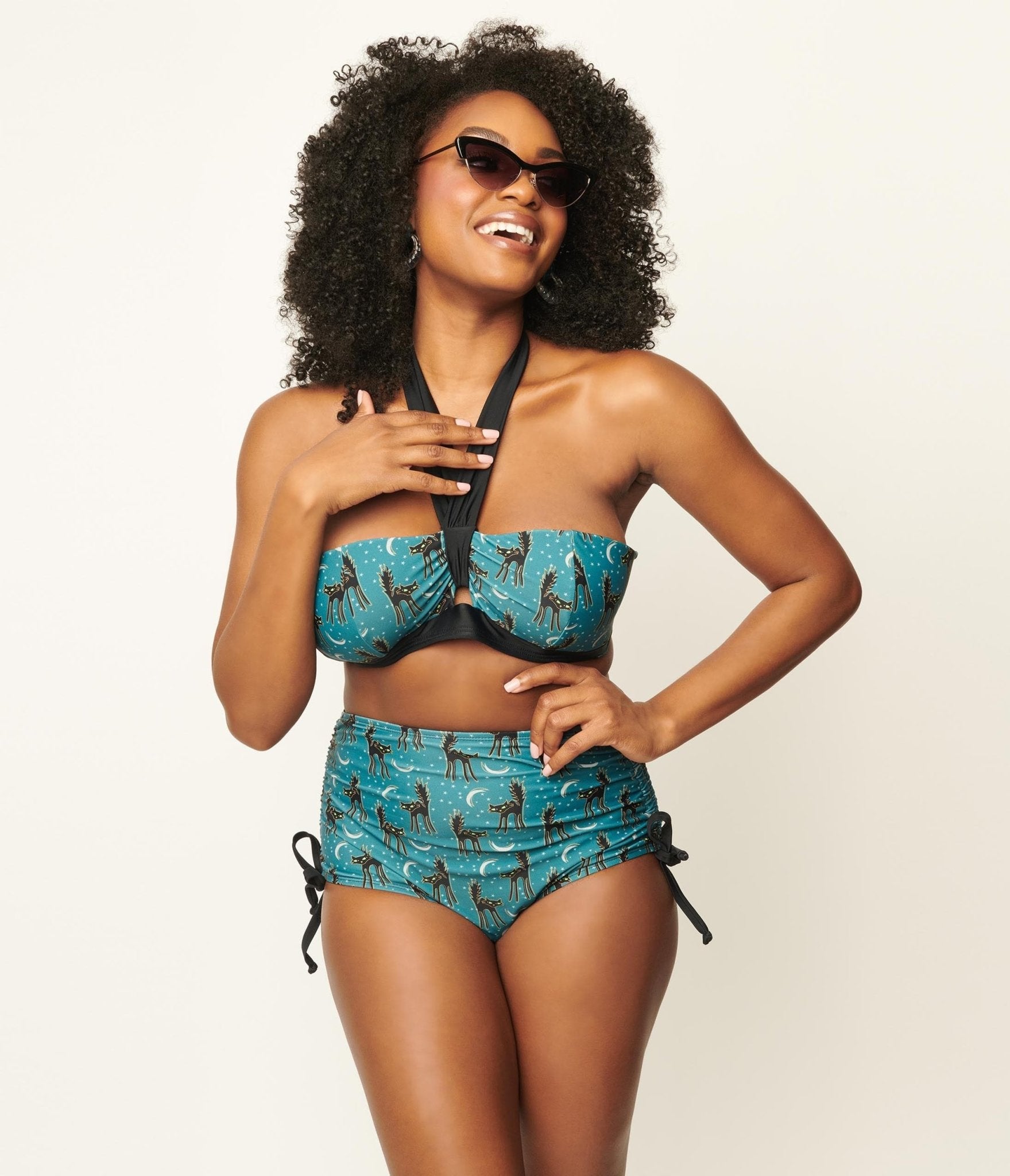 Vintage Blue Cat Print Swim Top - Spooky & Glamorous Swimwear for Women - Perfect for Beach, Pool, and Summer Vacations