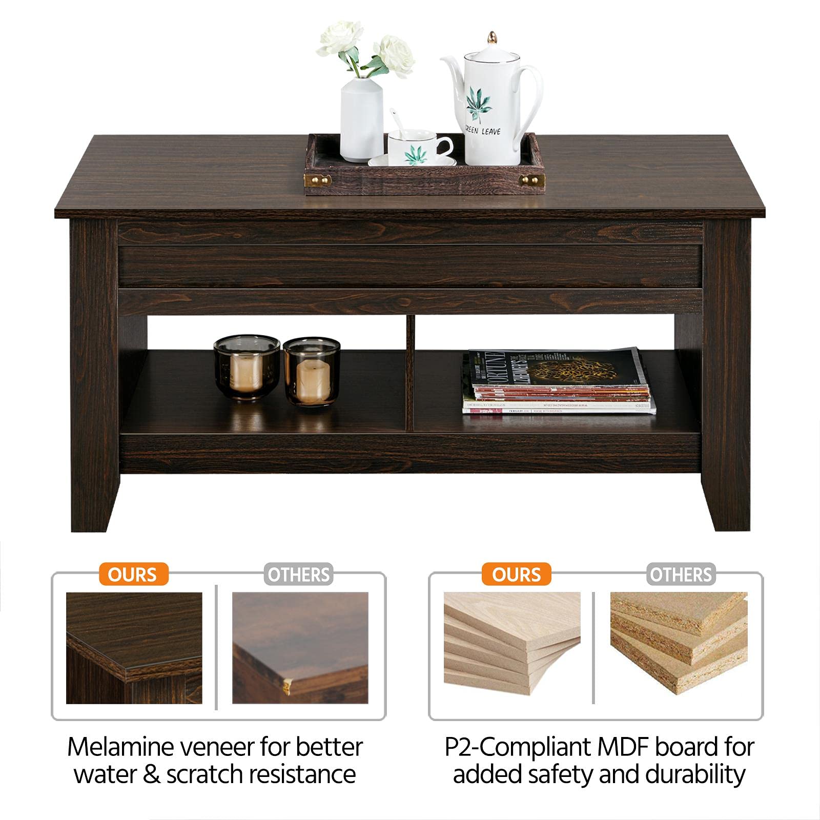 Yaheetech 41-inch Lift Top Coffee Table with Hidden Storage & Lower Shelf - Espresso Lift-Up Tabletop for Living Room, Dining, and Small Spaces