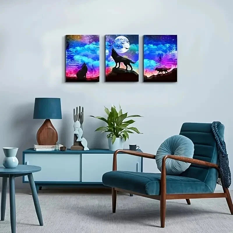 3-Piece Starry Sky Wolf Silhouette Metal Wall Art - Ready to Hang Home Decor for Living Room, Bedroom & Office