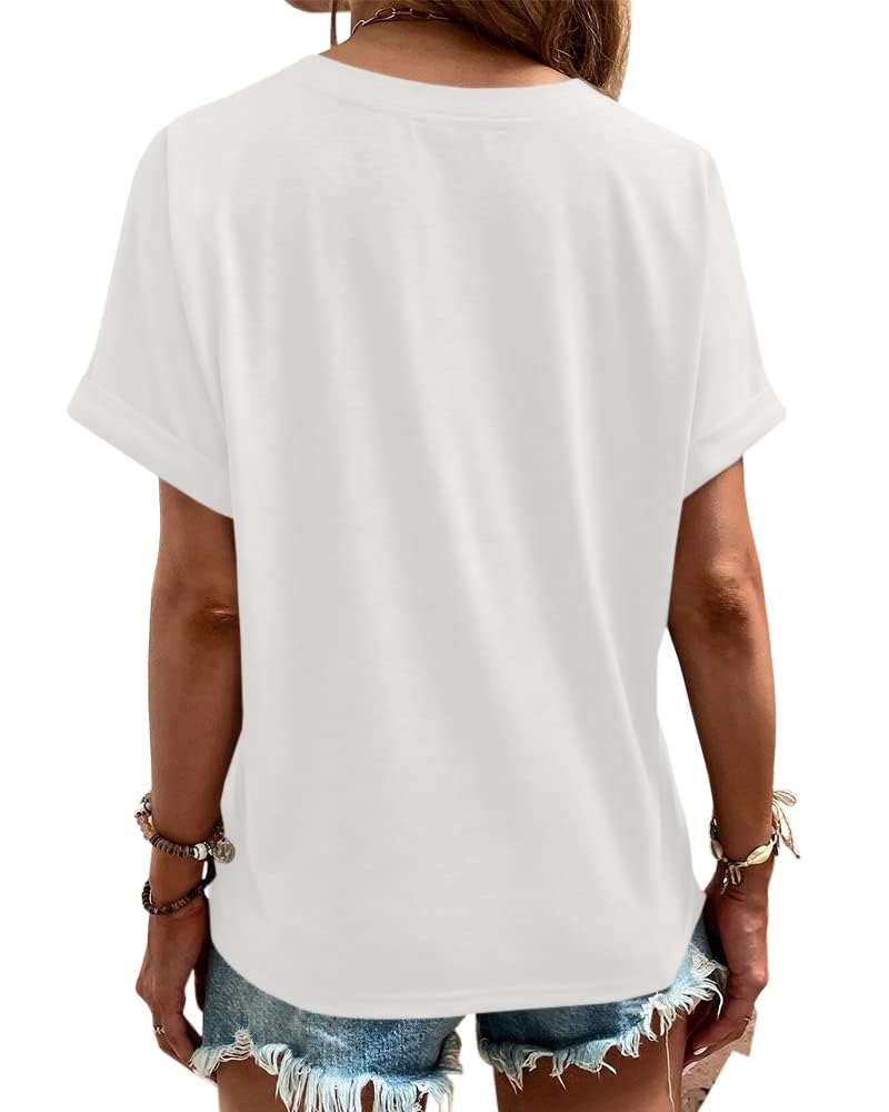 Women's Button V-Neck T-Shirt - Rolled Short Sleeve Loose Fit Casual Summer Top Tee Shirt for Everyday Wear, Beach Outings & Weekend Relaxation