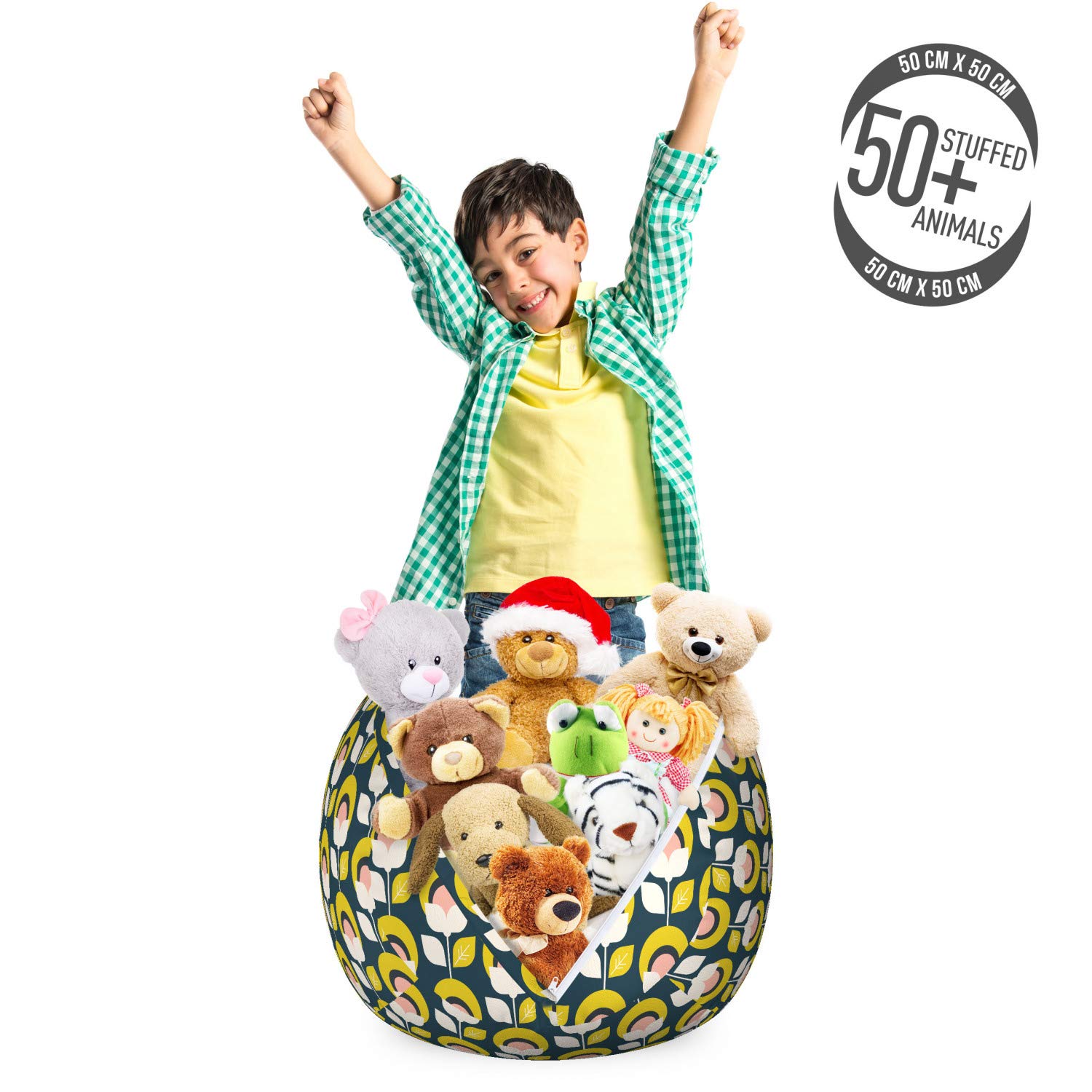 Ambesonne Abstract Toy Storage Bag Chair - Geometric Flower Silhouette Design, Washable Stuffed Animal Organizer for Kids Room, Small Size in Mustard/Blush/Dark Teal - Perfect for Playroom Organization & Kids Bedroom Decor