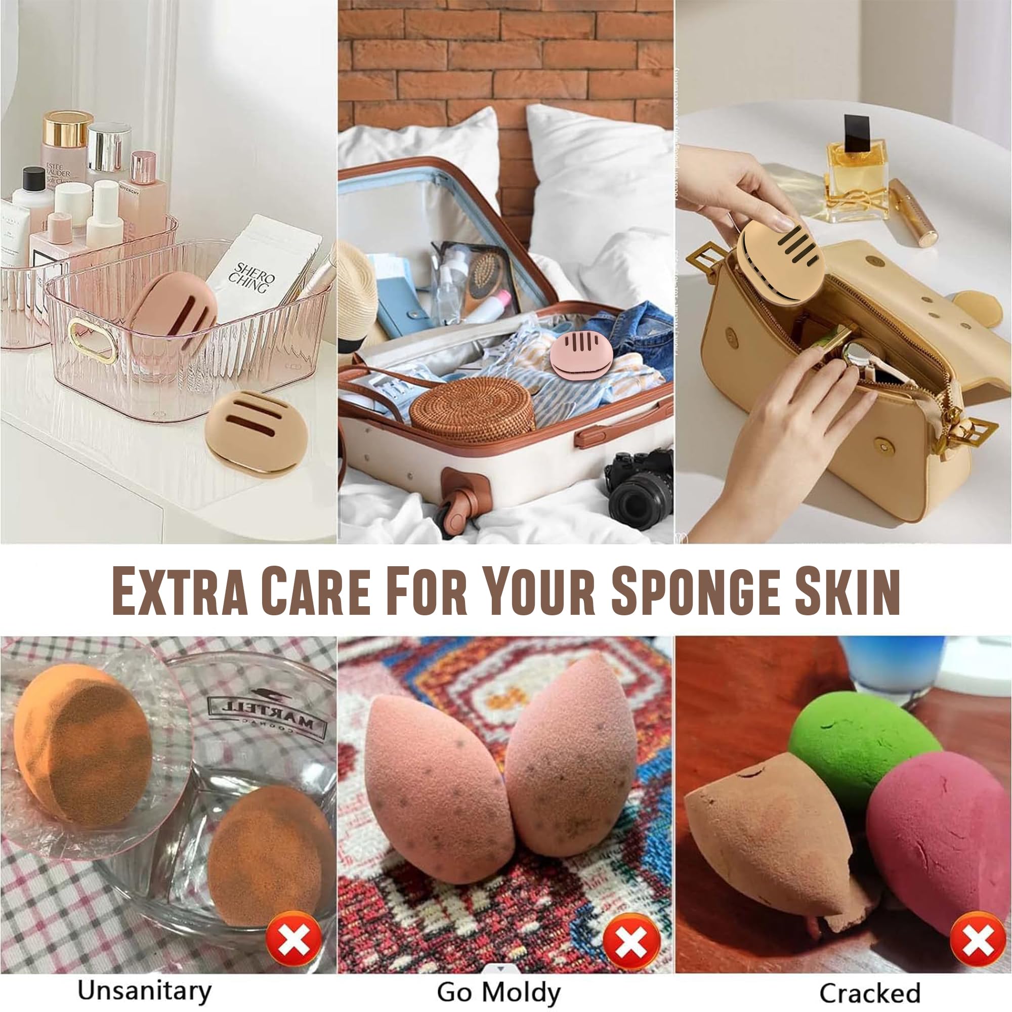 Homeaura Silicone Makeup Sponge Holder - Double Sided Breathable & Shatterproof Beauty Blender Case for Travel | Portable Cosmetic Organizer | Pack of 2 (Khaki & Pink) | Perfect for Makeup Artists & On-the-Go Touchups