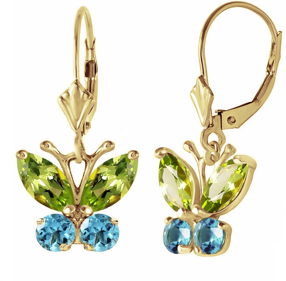 1.24 Carat 14K Solid Yellow Gold Butterfly Earrings with Peridot & Blue Topaz Gemstones - Elegant Dangle Earrings for Women, Perfect for Weddings, Parties & Everyday Wear