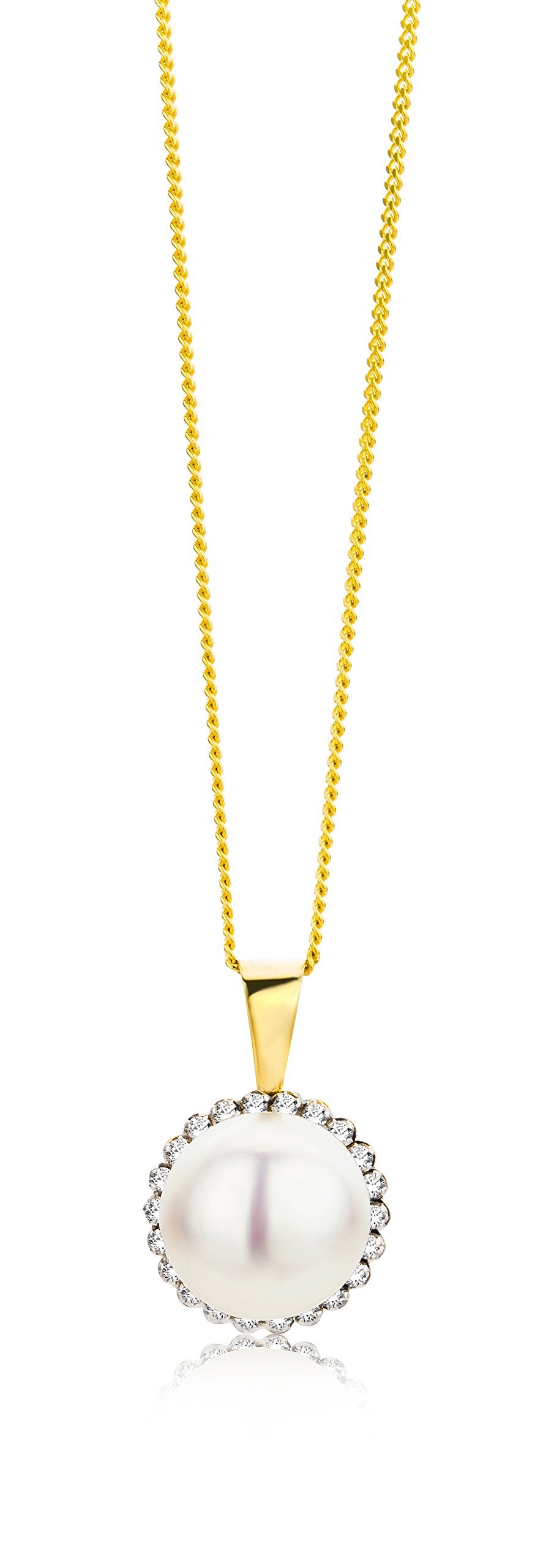 Miore Women's Freshwater Pearl Necklace - 9K Yellow Gold Pendant with Brilliant Cut Zirconia, 45cm Chain | Elegant Jewelry for Weddings, Parties & Special Occasions