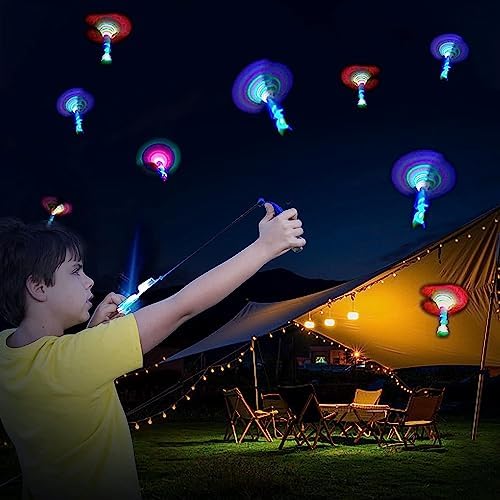 Unicorn Slingshot Outdoor Toys for Kids - LED Light Up Helicopter & Glow in The Dark Rocket Launcher Set with 12 Glow Sticks - Perfect for Birthday Parties, Backyard Games & Nighttime Play