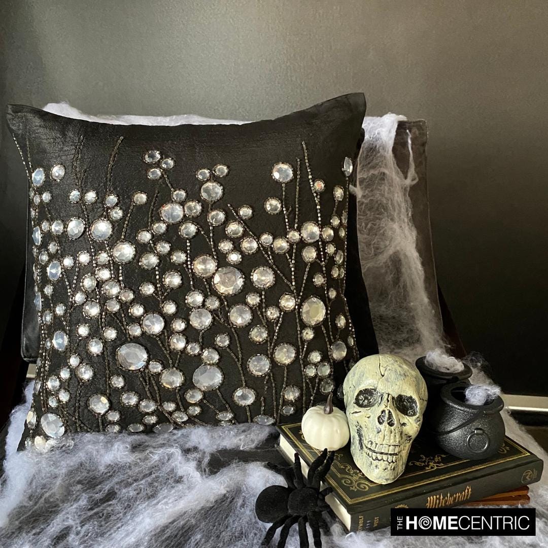 Black Crystal Garden Decorative Throw Pillow Cover - Elegant Black Art Silk Cushion Case for Sofa, Bed, Living Room & Home Decor